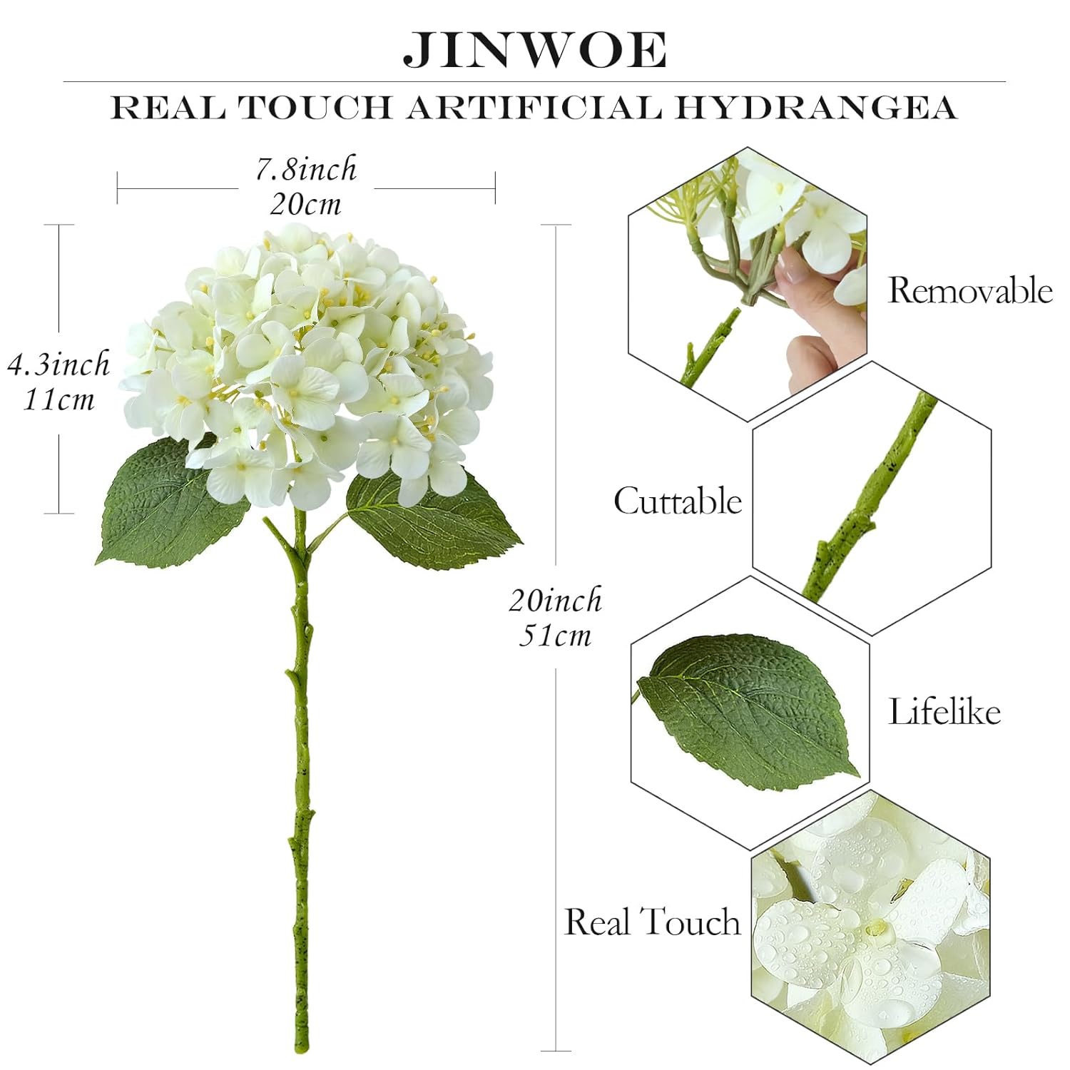 White Flowers Hydrangea Artificial Flowers, 4Pcs 20" Real Touch Lifelike Faux Silk Flowers, Full Fake Artificial Hydrangeas With Stems For Bouquet Table Centerpieces Spring Home Decoration