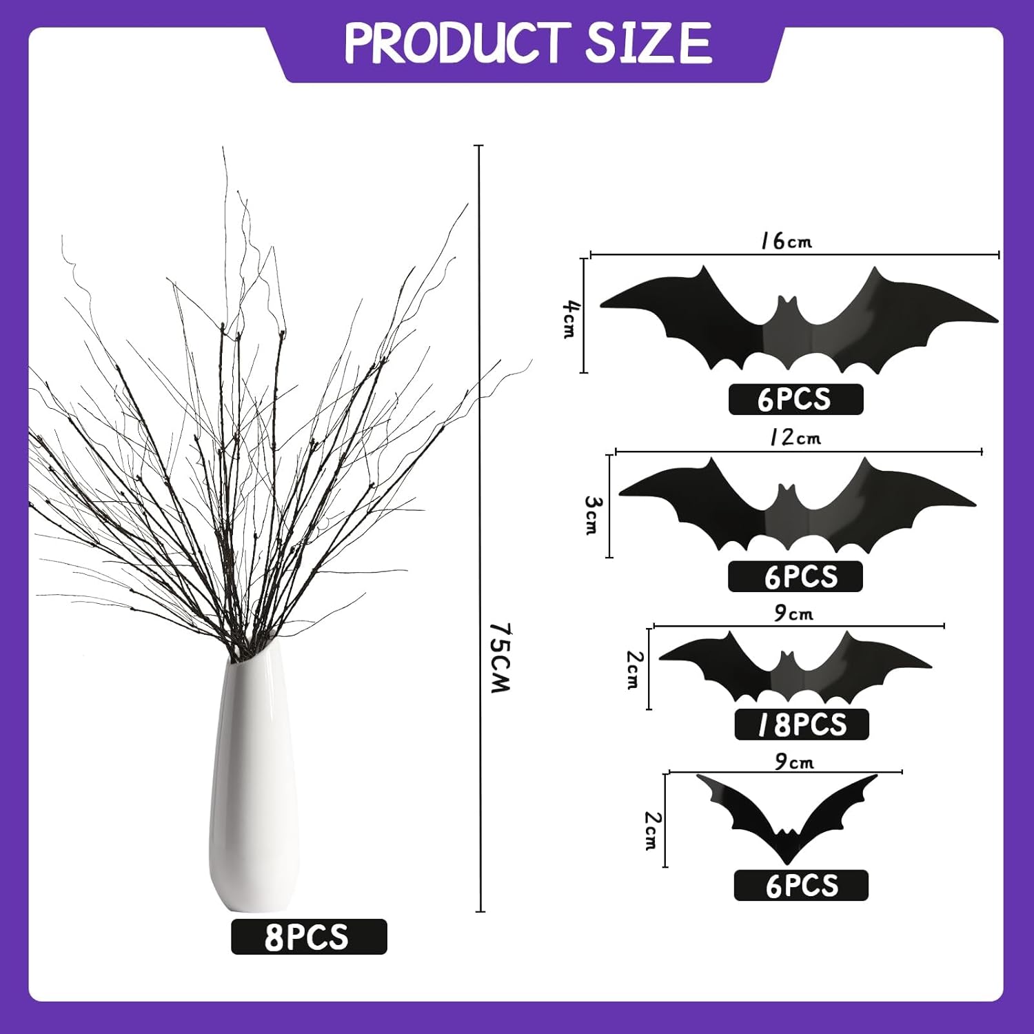 Curly Willow Branches 29.5 Inch Artificial Bendable Stems Black Branches With 36Pcs Halloween Bat Stickers For Halloween Wreath Home Party Decorations