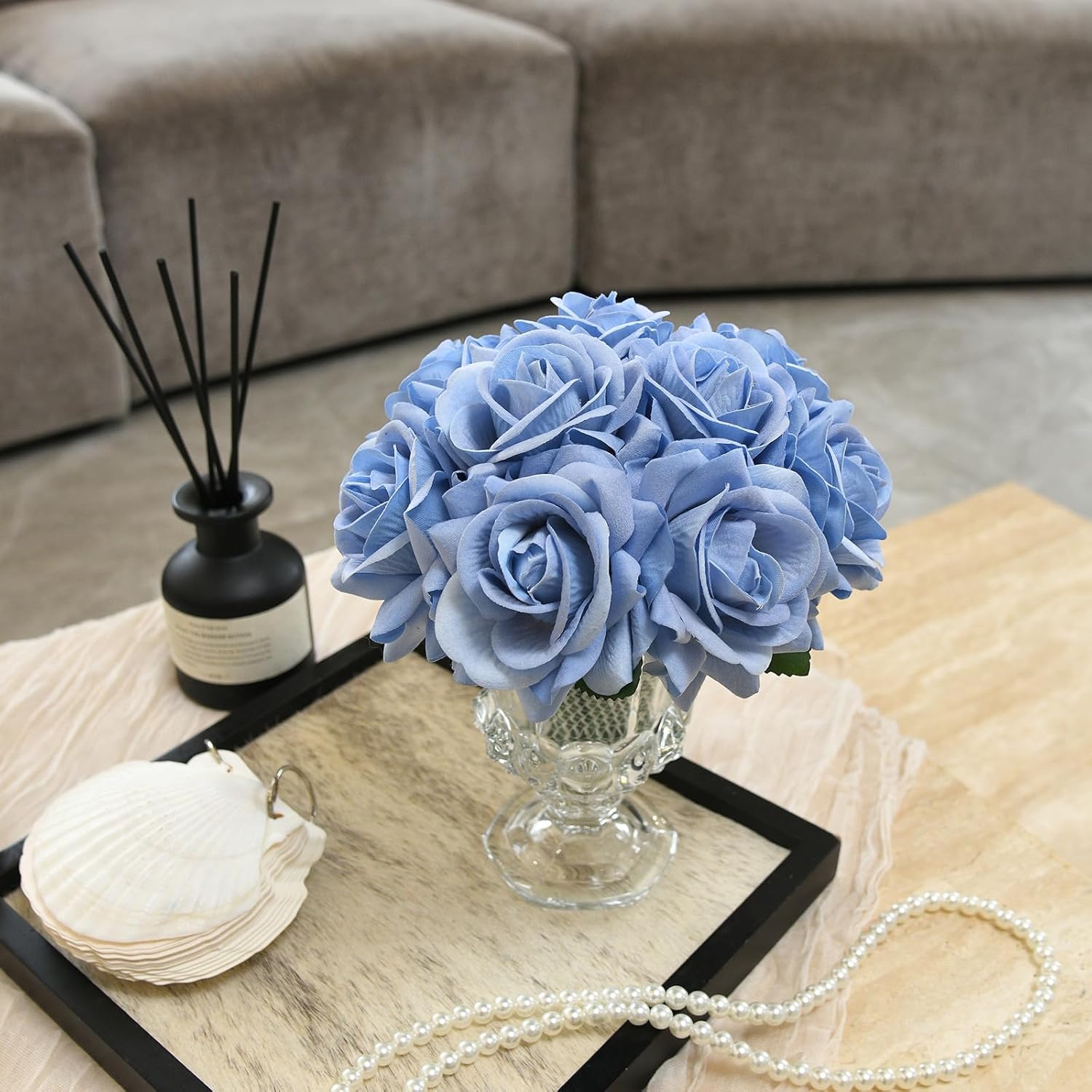 Velvet Roses In Crystal Glass Vase, Artificial Flowers With Vase, Silk Flower Arrangements For Home, Wedding, And Office Décor Table Arrangement Centerpiece, Baby Blue