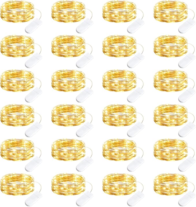 24 Pack Battery Operated Fairy Lights 7FT 20 LED Warm White Mini String Lights Waterproof Silver Wire Firefly Lights for Mason Jars Wedding Decor