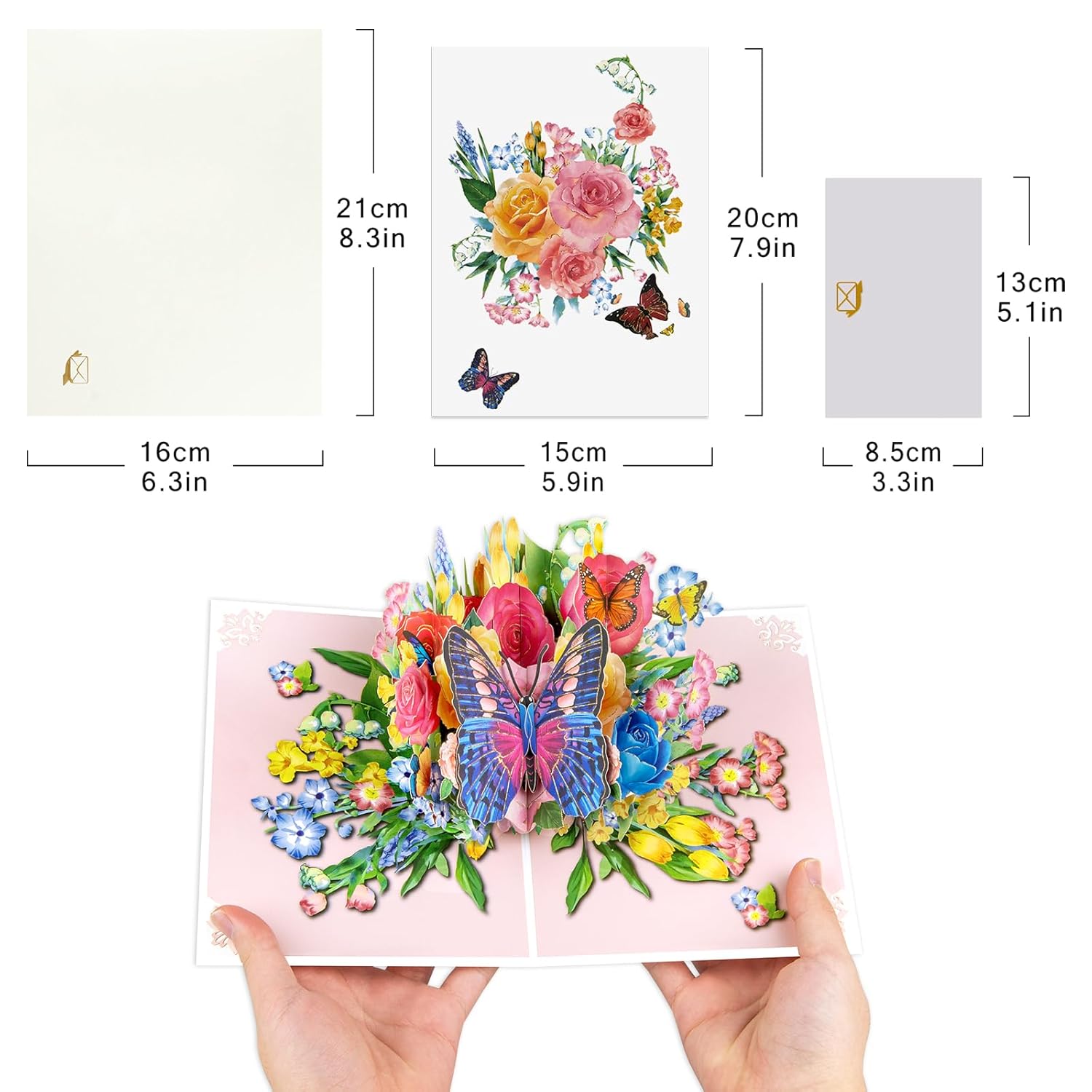 Butterfly And Pink Gold Roses Bush Pop Up Paper Flower Bouquet Greeting Card With Blank Note & Envelope, Ideal Gift For Celebrating Love, Birthday, Anniversary, Valentine'S Day