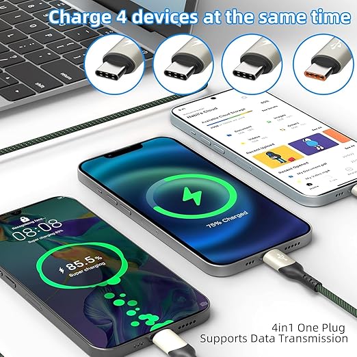2 Pack 4FT 4 in 1 USB C Splitter Fast Charging Cable for iPhone 17 16 15 Android Tablets