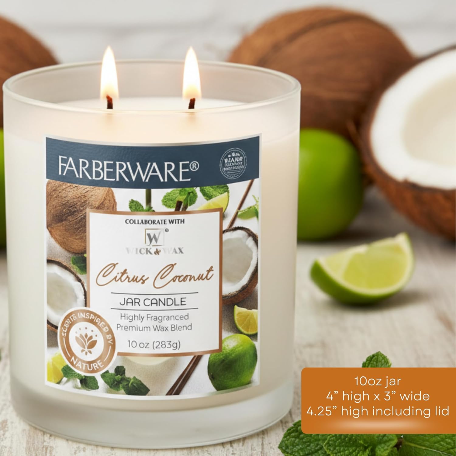 10oz Citrus Coconut Jar Candle by Farberware – Soy Wax Blend, Two Wick Highly Scented Candle for Entertaining, Personal Relaxation – Up to 50 Hours Burn Time –for Any Fragrance Lover