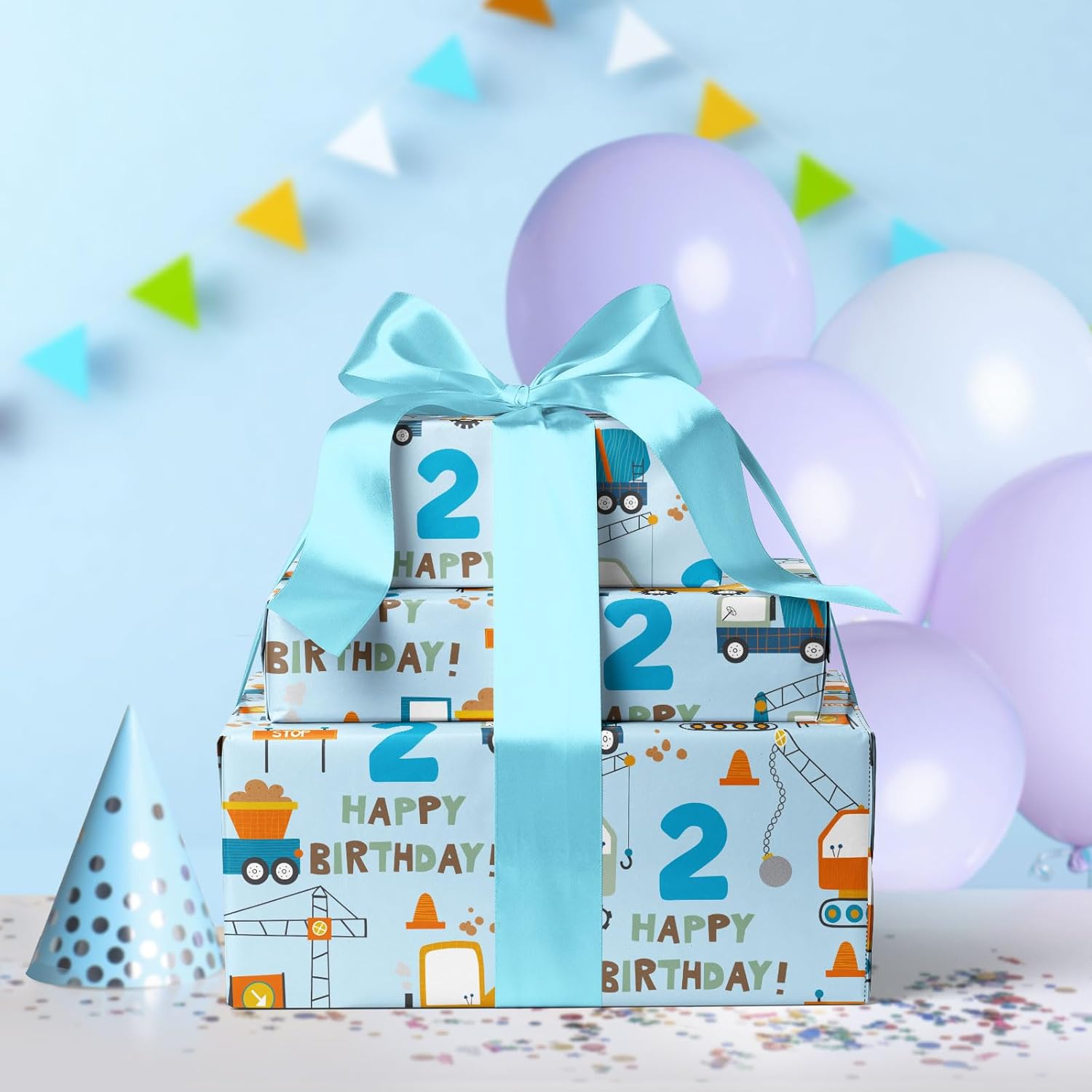 2Nd Birthday Wrapping Paper - Blue Cartoon Cars Trucks - 17 Inches X 16.4 Feet - Perfect For Boys' Birthday Parties