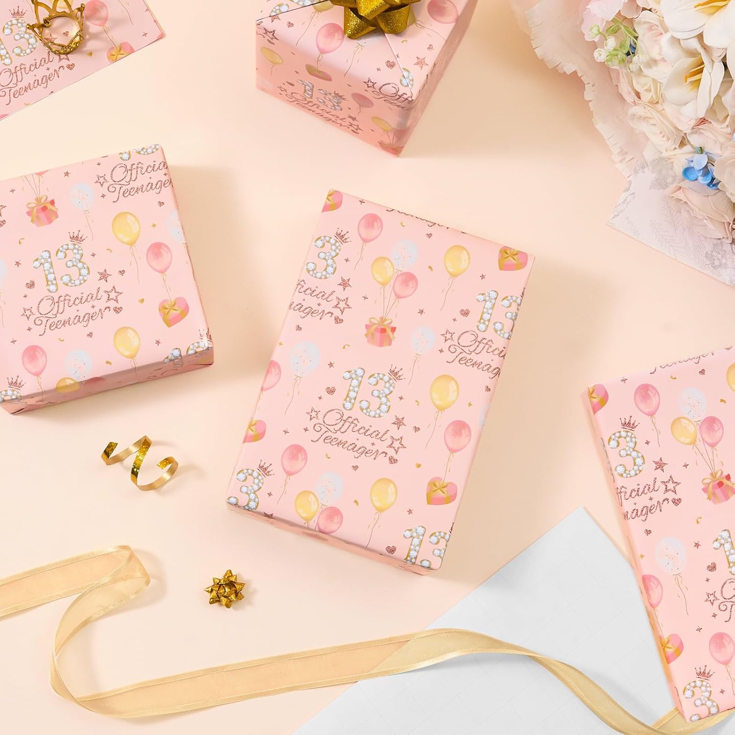13Th Birthday Wrapping Paper Girls- 6 Sheets 27.5”X 19.7”Happy Birthday Gift Wrap Papers Sparkling Number 13 And Balloons Design Gift Packing For Girls Party Gifts Decoration