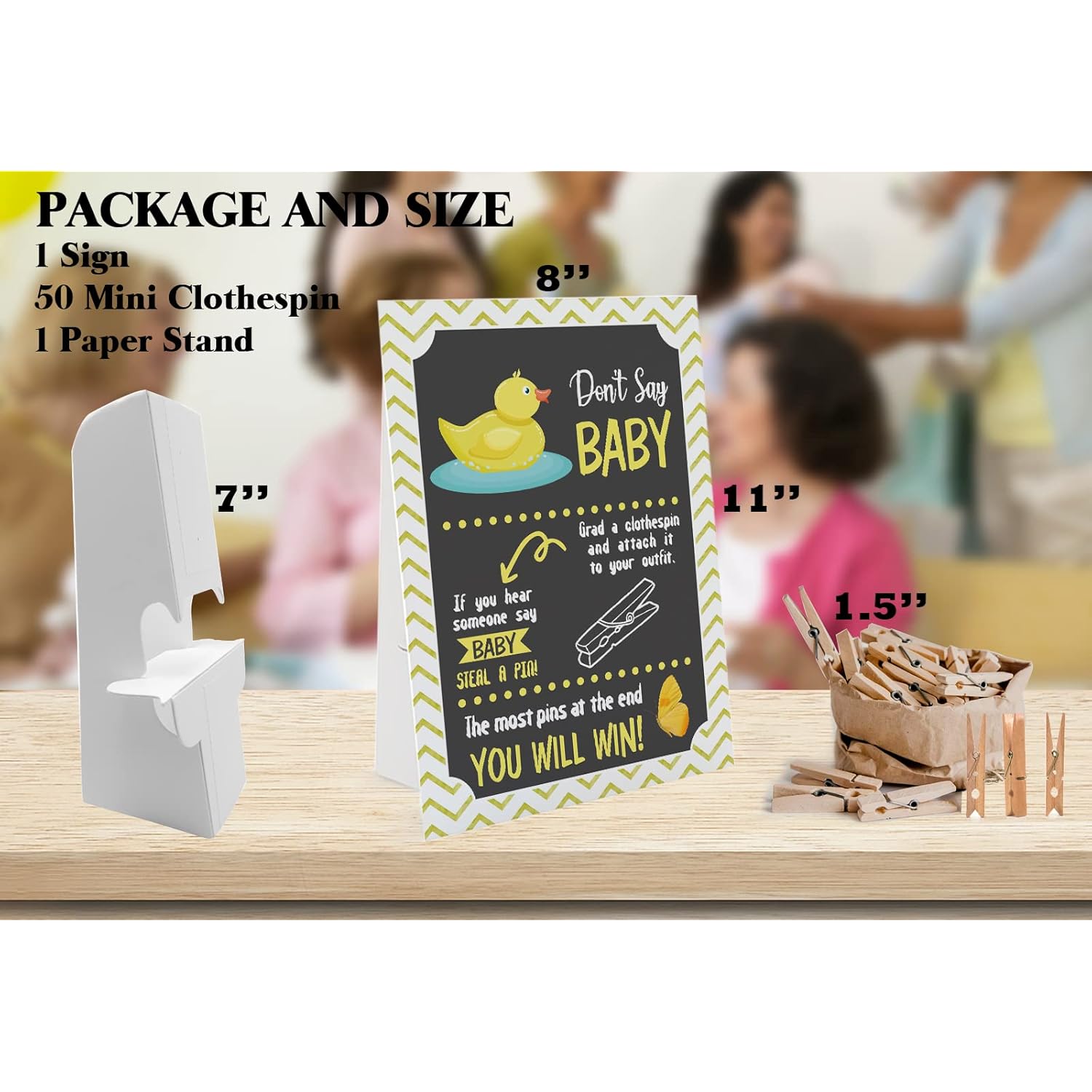 Duck Don'T Say Baby Game (1 Sign And 50 Mini Natural Clothespins) Don'T Say Baby Baby Shower Game, Baby Shower Decorations, Baby Shower Games Gender Neutral (2Ds20)