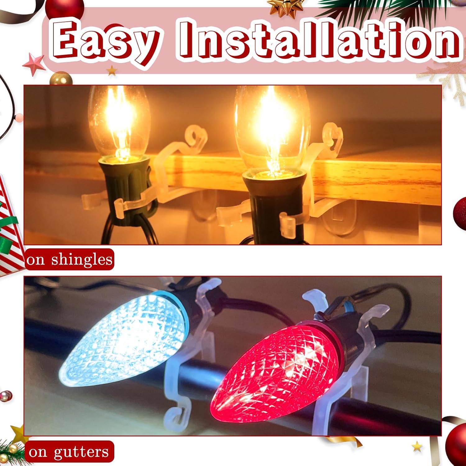 Christmas Light Clips All In One Clips 100Pack, Universal Gutter And Shingle Clip Hooks For Hanging C7, C9 And Mini Lights, Outdoor Xmas Holiday Light Hanger Clips Outside, No Tools Required