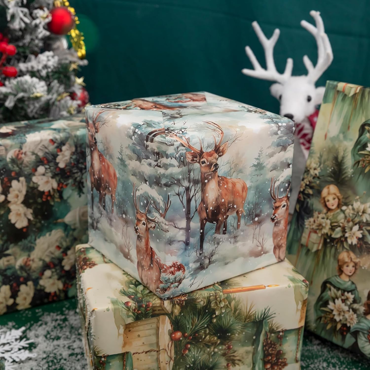 Watercolor Christmas Wrapping Paper 6 Style Reindeer Santa Forest And Flower Holiday Style Gift Wrap For Winter Party Vacation Baby Shower - 20 X 28 Inches 6 Folded Sheets