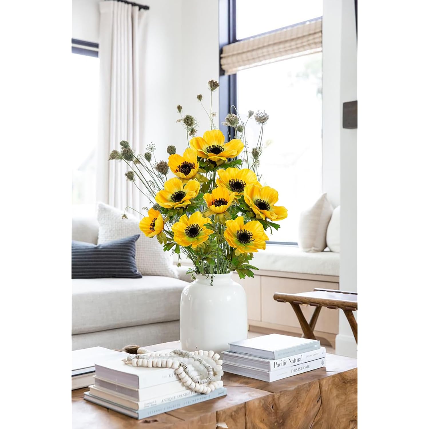 Yellow Anemone Flowers Artificial 21.7" Faux Flowers Silk Flowers With Stems Realistic Fake Flowers For Decoration Faux Anemone Artificial Flowers Bulk For Vase Centerpieces Home Wedding Bouquet