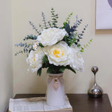 Artificial Peony Flower Arrangement In Vase, 16" Faux Flowers With Eucalyptus Stems And Decorative Leaves, White Ceramic Vase With Jute Rope & Heart Charm, Table Centerpiece For Farmhouse Decor