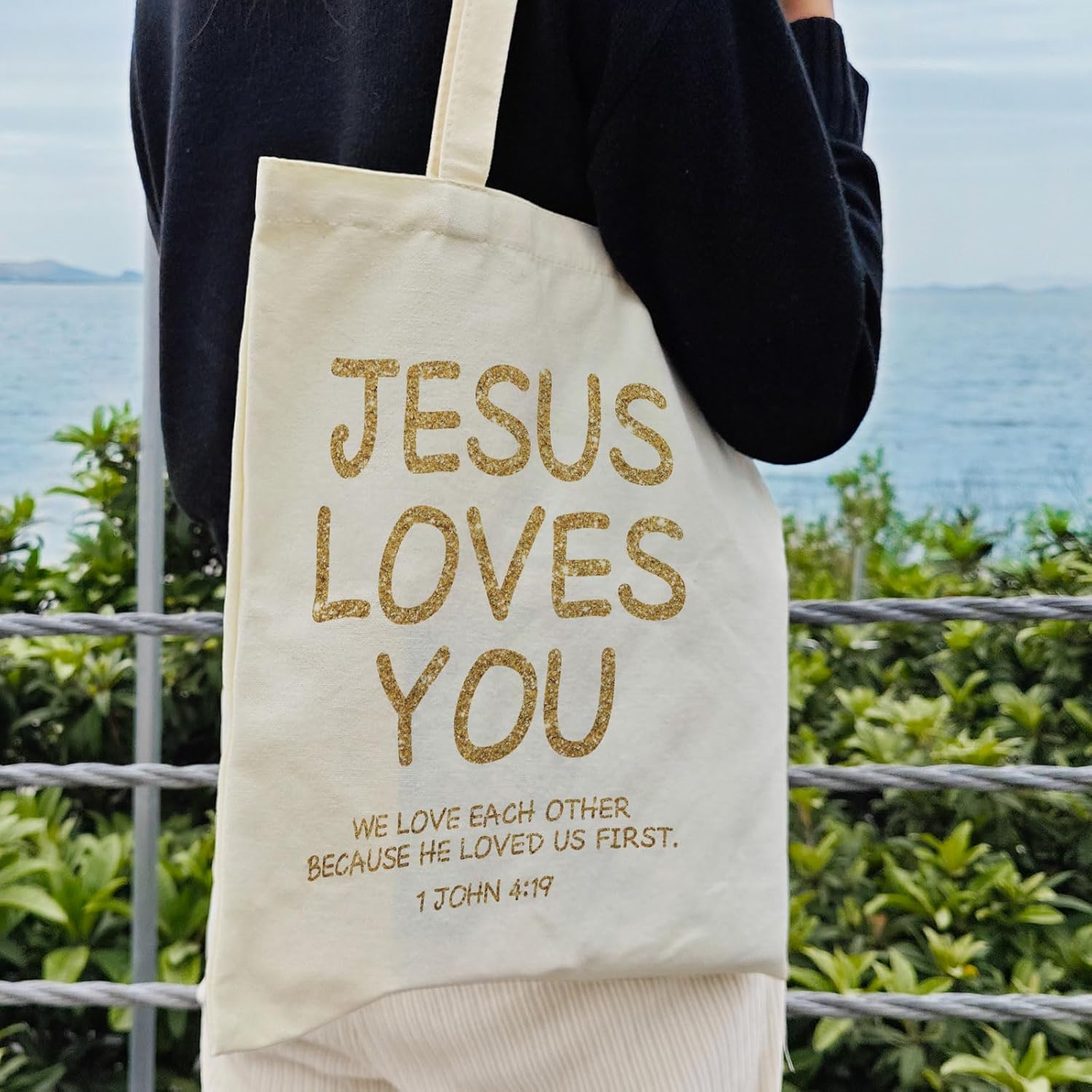 Christian Canvas Tote Bag Aesthetic Jesus Loves You Reusable Shopping Grocery Bag Beach Bag Birthday Christmas Gifts For Women