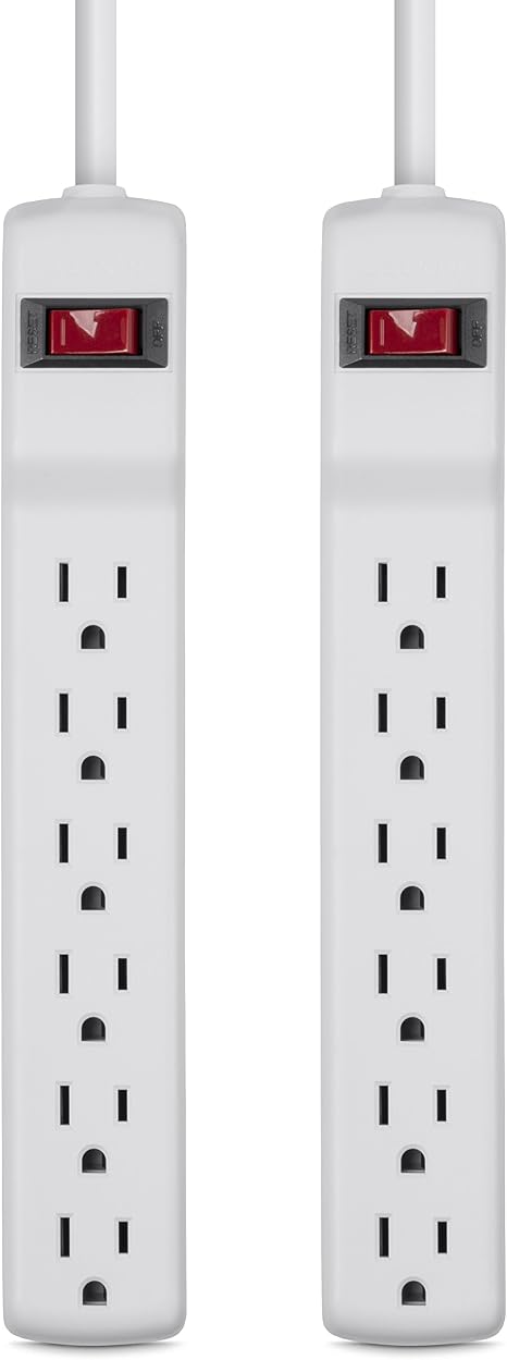2 Pack 6 Outlet Surge Protector Power Strip 2FT Metal Extension Cord Flat Plug White