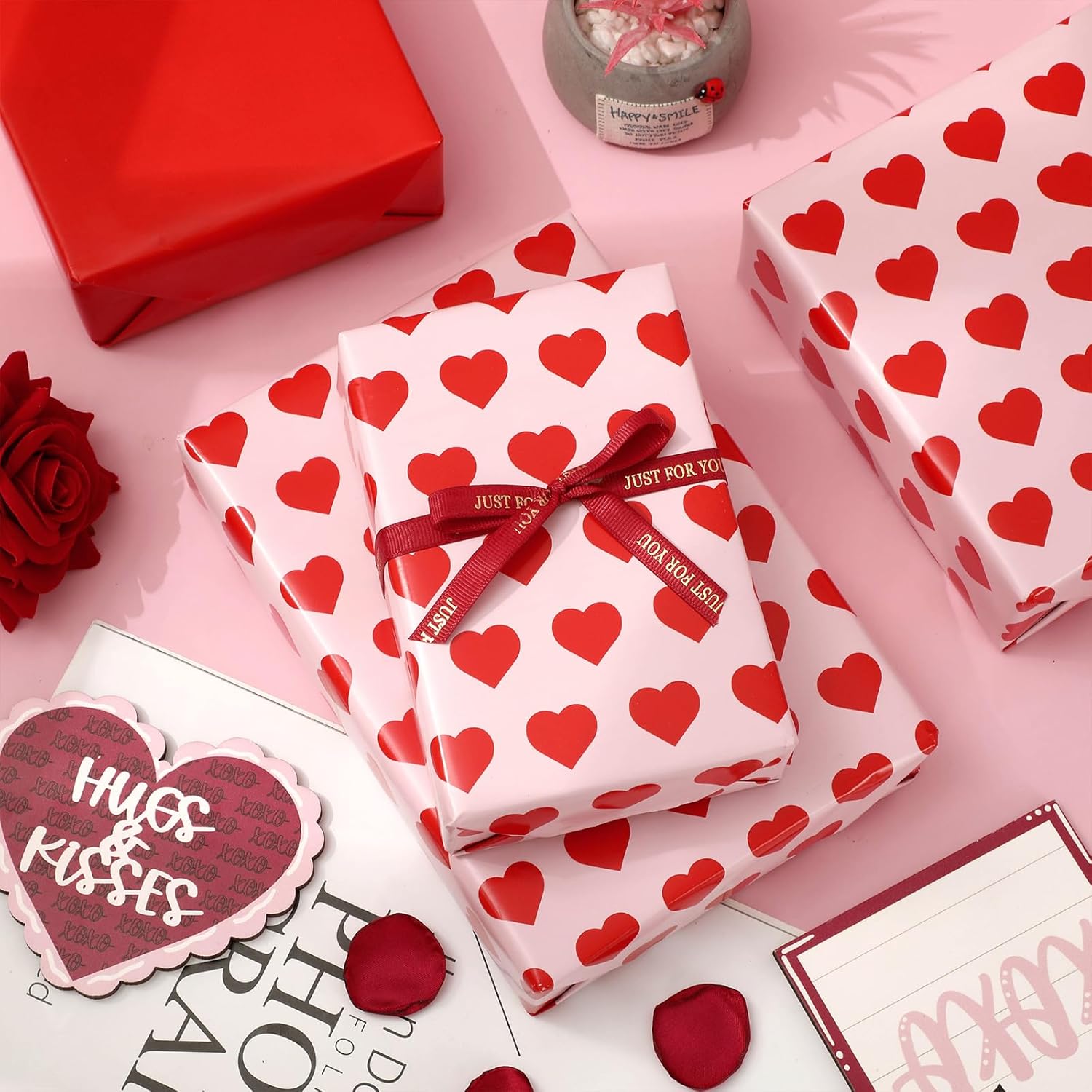 Valentine'S Day Wrapping Paper -Mini Roll- 17In X 32.8Ft Red Pink Love Heart Wrap Paper Double Printed Art Craft Paper For Wedding Birthday Anniversary Party Packaging Supplies