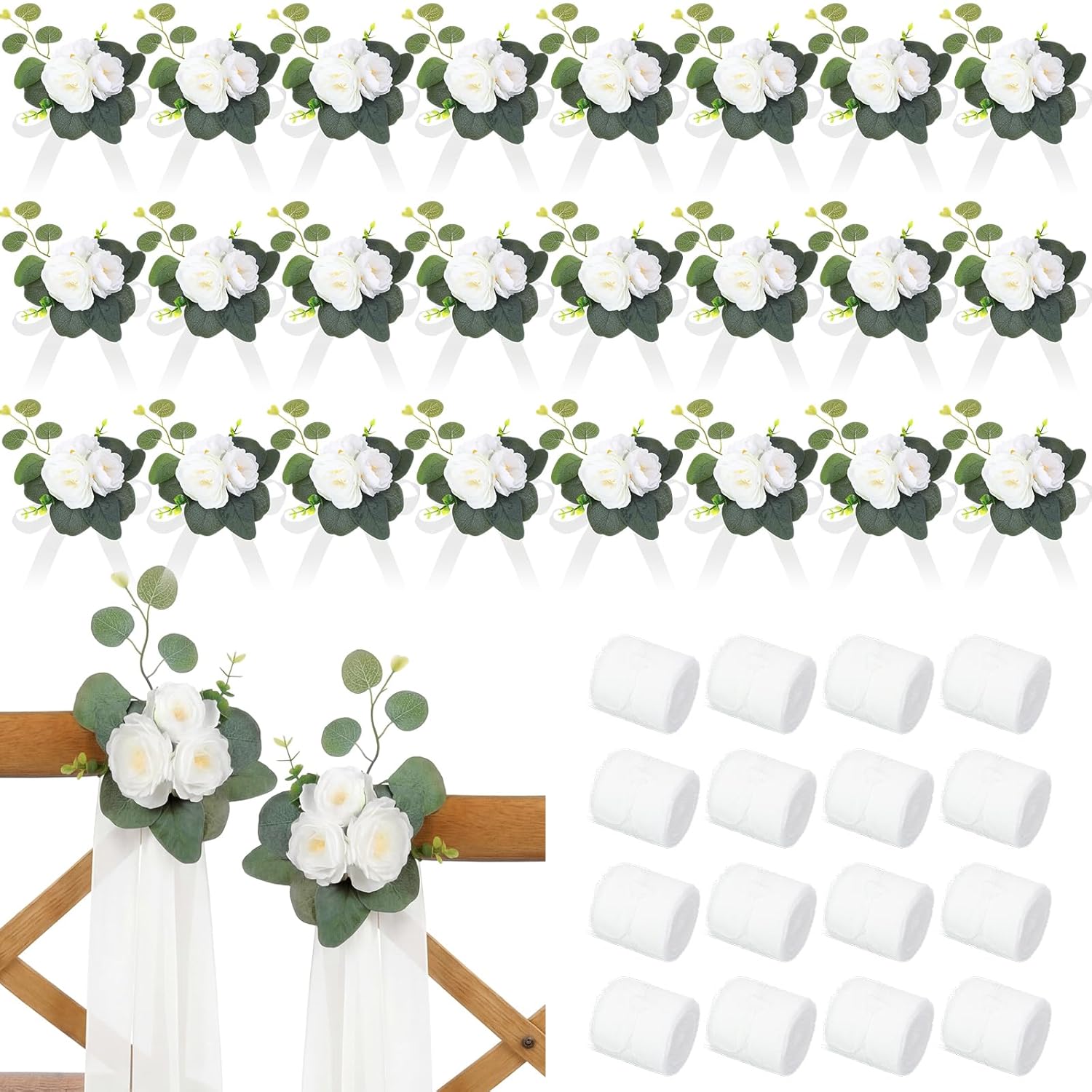 24 Sets Wedding Aisle Decorations For Wedding Ceremony Chair Artificial Roses And Eucalyptus Leaves With White Chiffon Ribbons For Reception Chair Arrangement Church Pew Flowers Decorations