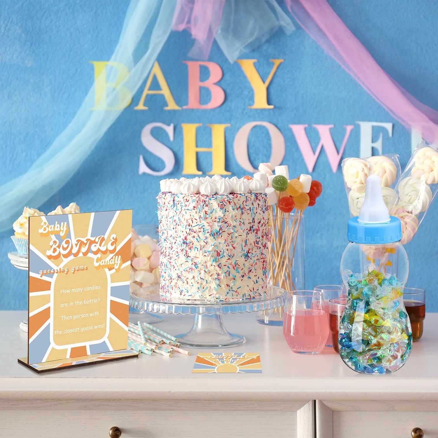 62 Pcs Here Comes The Son Candy Guessing Game Includes 11 Inch Large Baby Bottle Bank 60 Pcs Candy Guessing Cards For Expecting Mothers, Girl And Boys Baby Showers Party Games