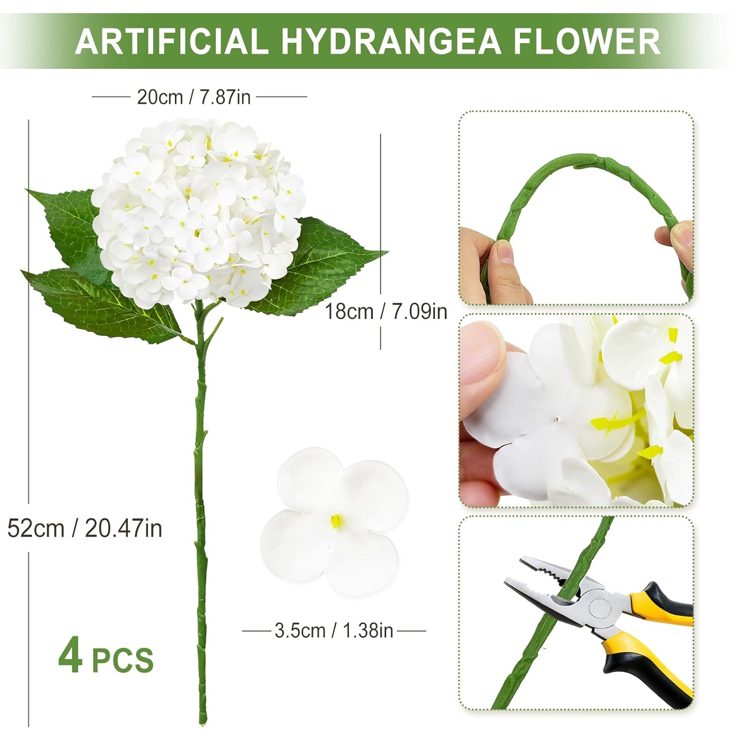 4 Pcs Real Touch White Hydrangea Artificial Flowers 20.5", Latex Large Faux Hydrangeas Fake Flowers With Stems Leaves For Family Table Wedding Bouquets Party Centerpieces Home Decor In Vase