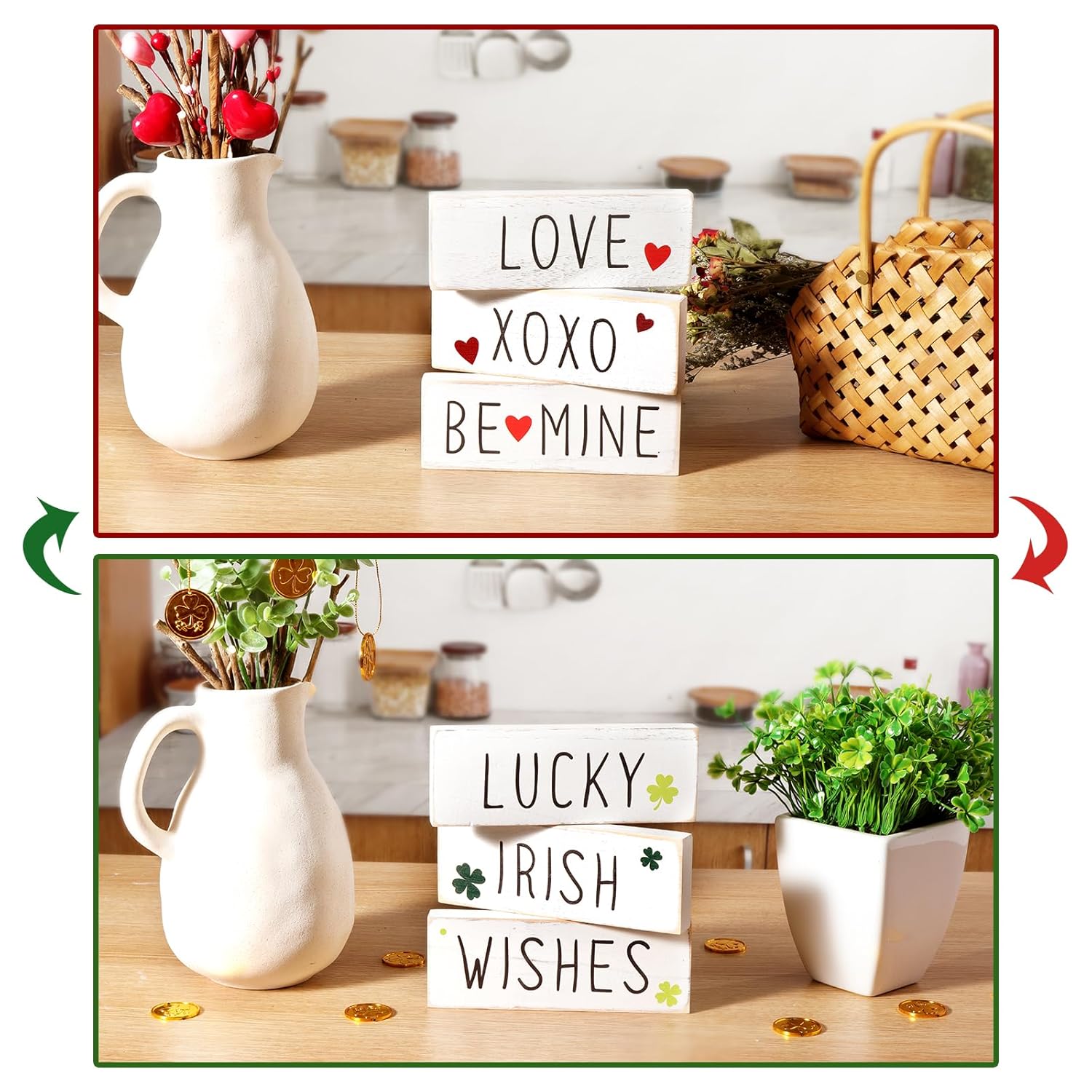 Valentines Day Decor, 3Pcs White Wooden Block Set Be Mine Xoxo Love Valentines Sign, Valentines Tiered Tray Decor For Table Kitchen Farmhouse Valentine Shamrock Faux Bundle Decor