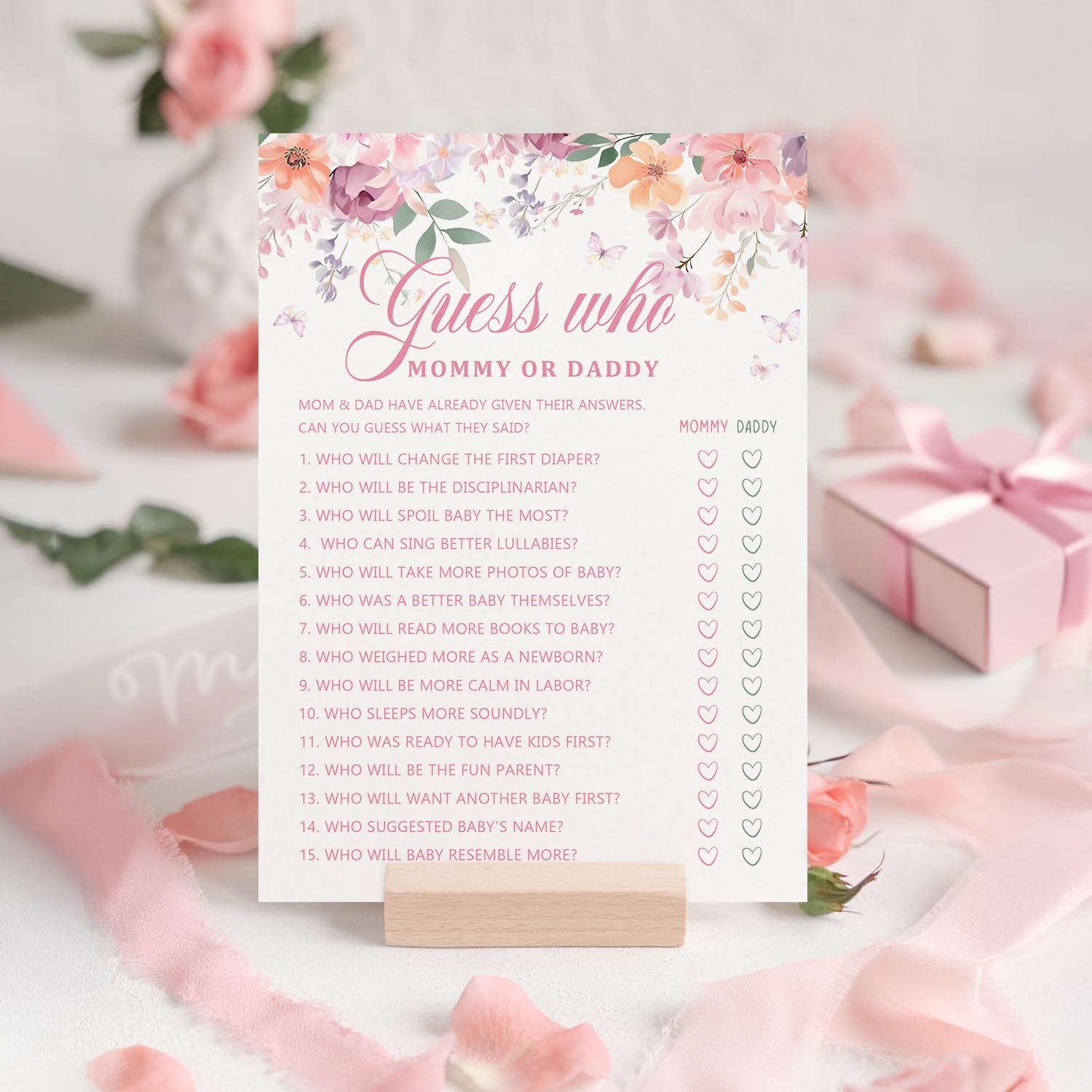 Baby In Bloom Baby Shower Games, Guessing Who Mommy Or Daddy Game For Girl, 5X7 In & 25 Pcs Floral Game Cards For Party Decorations-B01