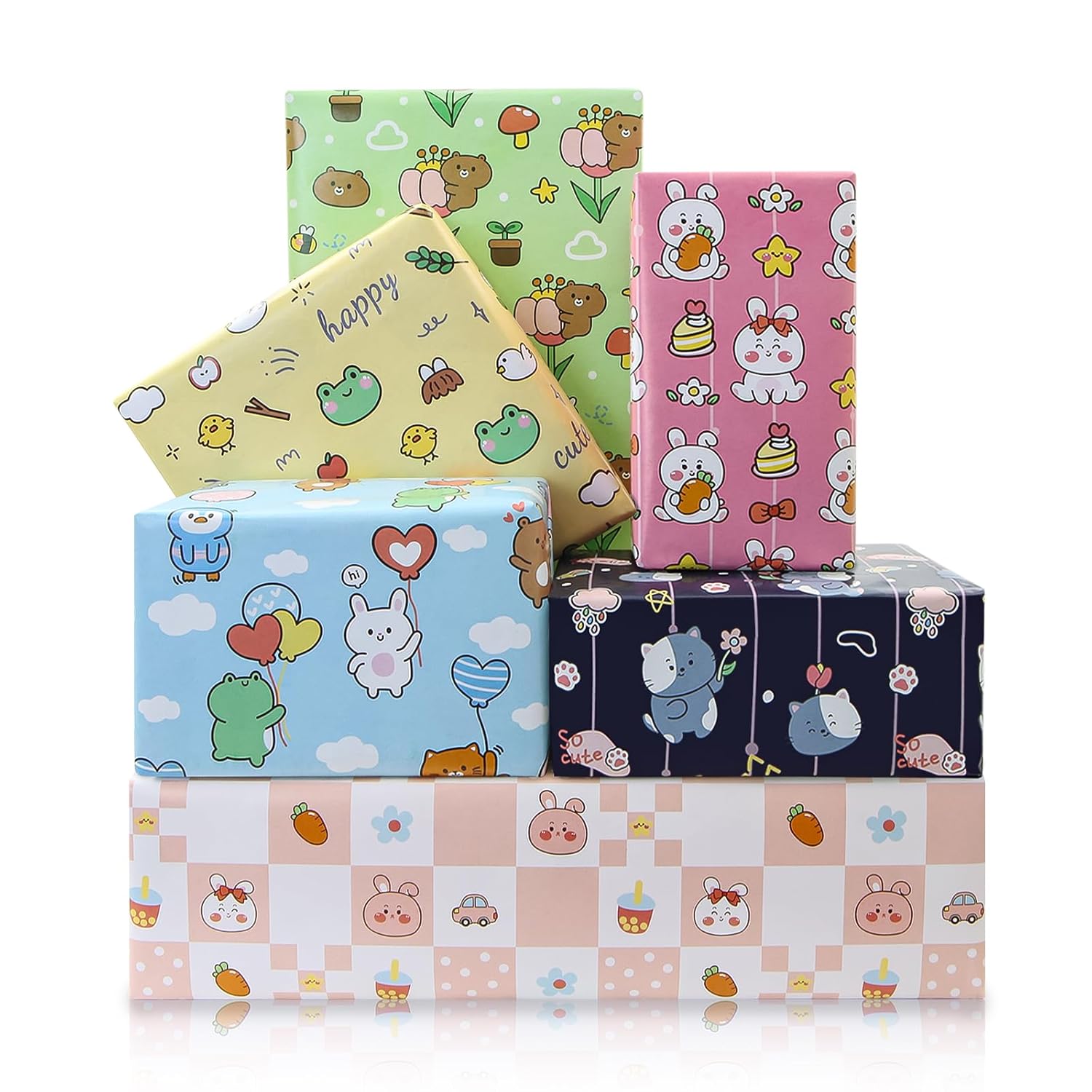 Colorful Animal Gift Wrapping Paper, 6 Folded Sheets Birthday Wrapping Paper Cute Frog Rabbit Bear Cat Gift Wrap Paper 20X28 Inch For Baby Girl Boy Kid Baby Shower Children'S Day Christmas Party