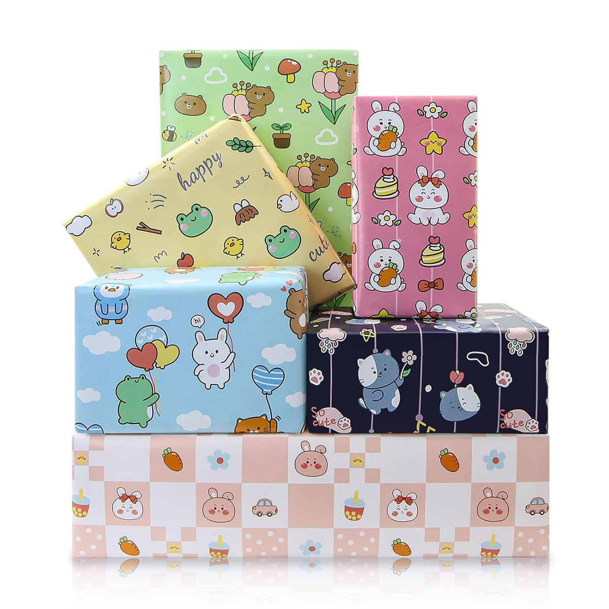 Colorful Animal Gift Wrapping Paper, 6 Folded Sheets Birthday Wrapping Paper Cute Frog Rabbit Bear Cat Gift Wrap Paper 20X28 Inch For Baby Girl Boy Kid Baby Shower Children'S Day Christmas Party
