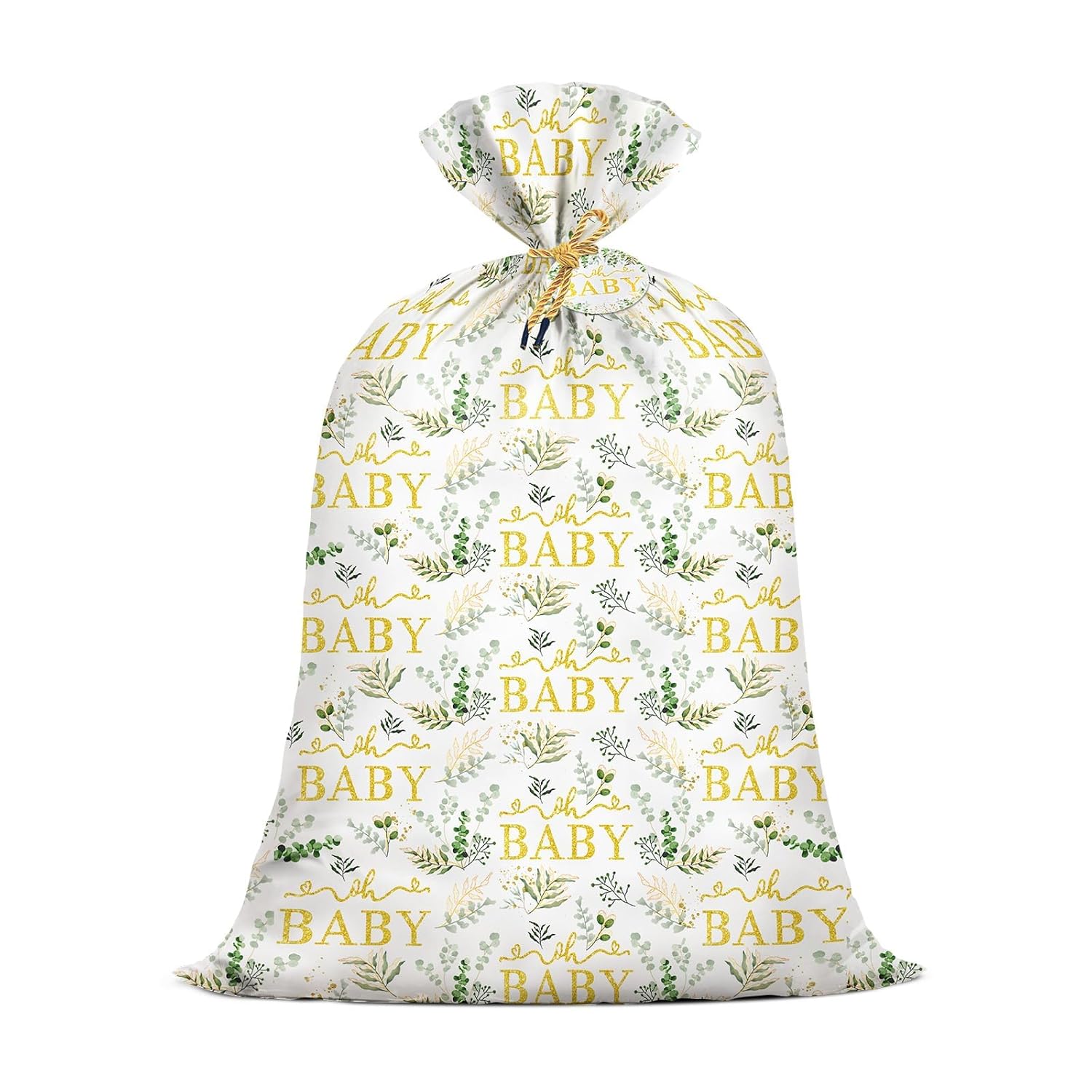 Extra Large Baby Gift Bag 48"X 36" Jumbo Plastic Present Bag Eucalyptus Leaves Shower Birthday Large Gift Wrapping Bags Oversized Oh Baby Sage Green Gender Reveal Party Favors