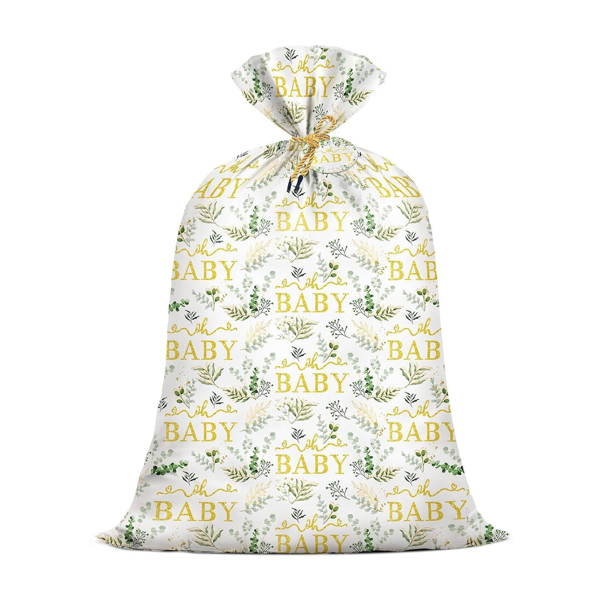 Extra Large Baby Gift Bag 48"X 36" Jumbo Plastic Present Bag Eucalyptus Leaves Shower Birthday Large Gift Wrapping Bags Oversized Oh Baby Sage Green Gender Reveal Party Favors