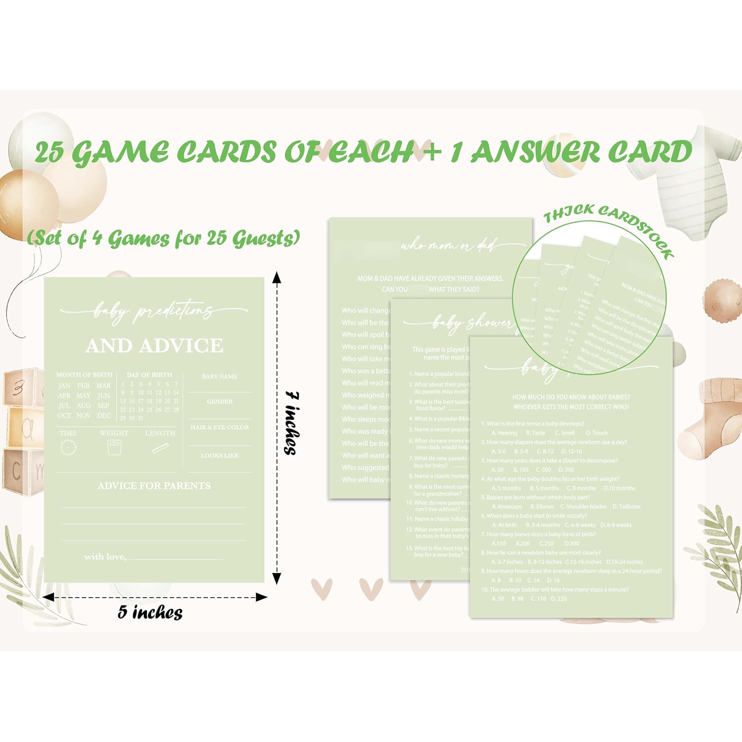 Baby Shower Games Set, Green Theme Baby Shower Game Cards, 50 Double-Sided Cards For 25 Guests, 4 Games - Find, Predictions, Trivia, Feud, Gender Reveal Party Supplies, Party Decor Ideas -03