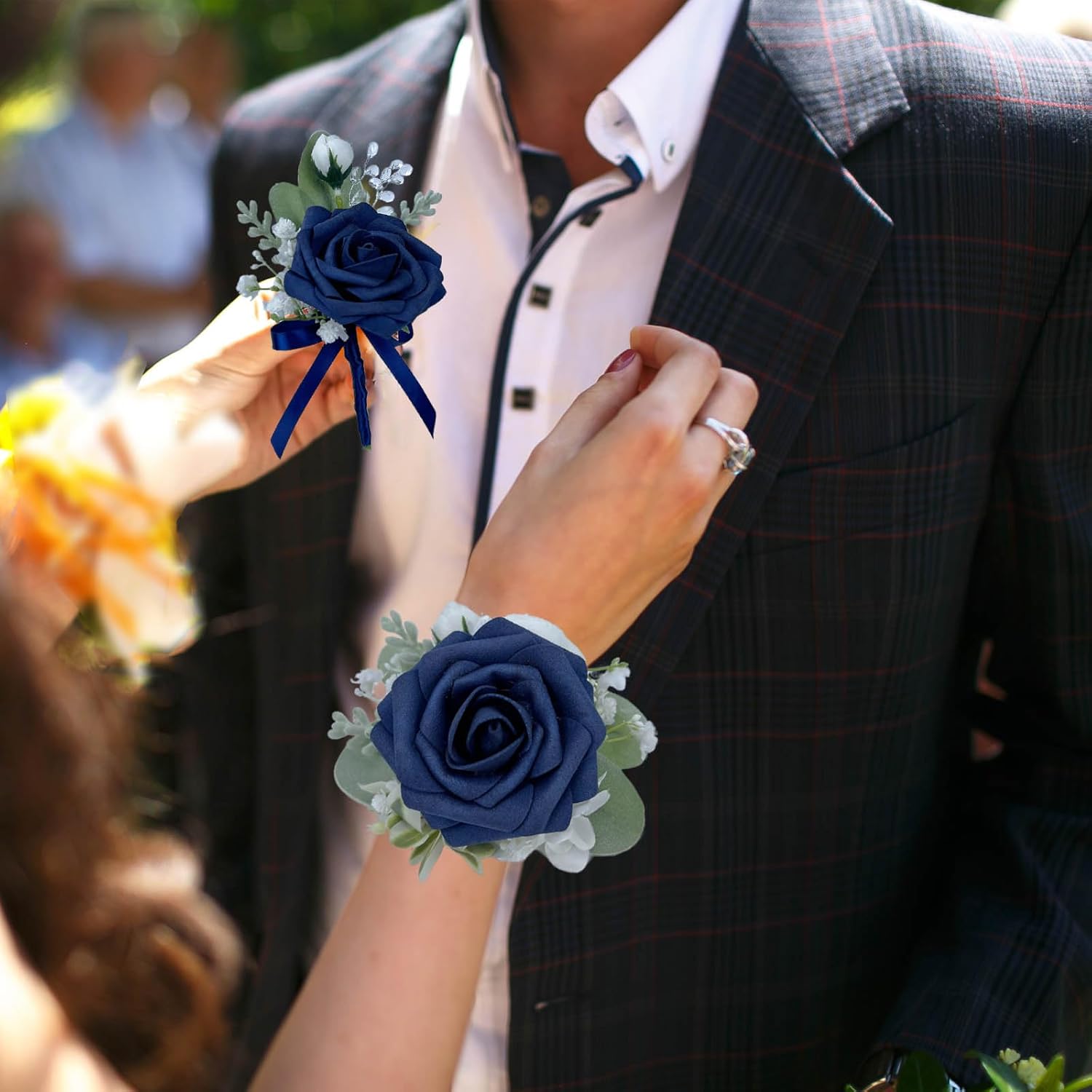 Corsage And Boutonniere Set, Dark Blue Rose Handmade Artificial Flower Wrist Corsage And Groom Boutonniere For Seaside Wedding,Bridesmaid Hand Flower,Prom Suit Decorations