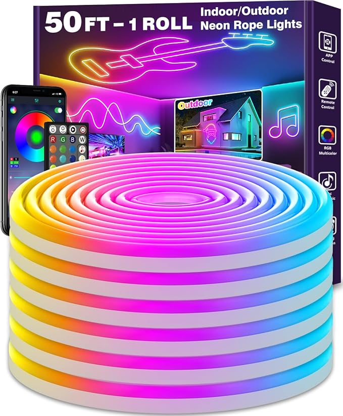 50FT RGB LED Neon Rope Lights App & Remote Control Music Sync IP65 Waterproof Strip