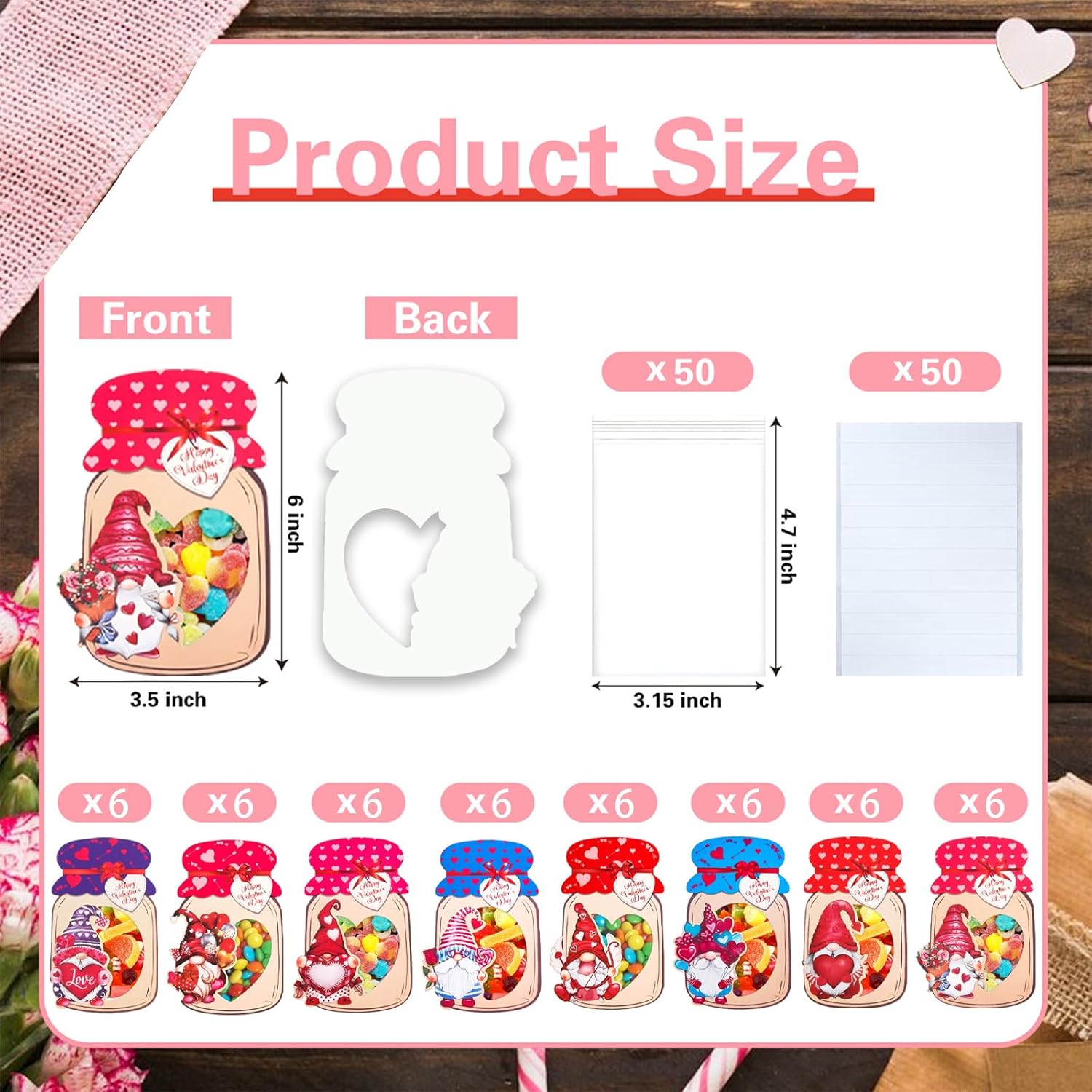 Valentine'S Day Cards For Kids, 48 Pack Happy Valentines Day Gnomes Mason Jar Cards With Treat Bags For Boys Girls Toddler School Class Classroom Exchange Party Favors(Candy Not Included)