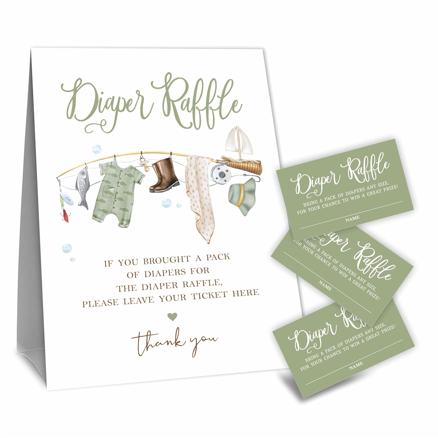 Fisherman Baby Accessories - Diaper Raffle Game Kit, 50 Tickets & Standing Sign, Decoration For Baby Shower, Gender Reveal & Announcement Party Favor