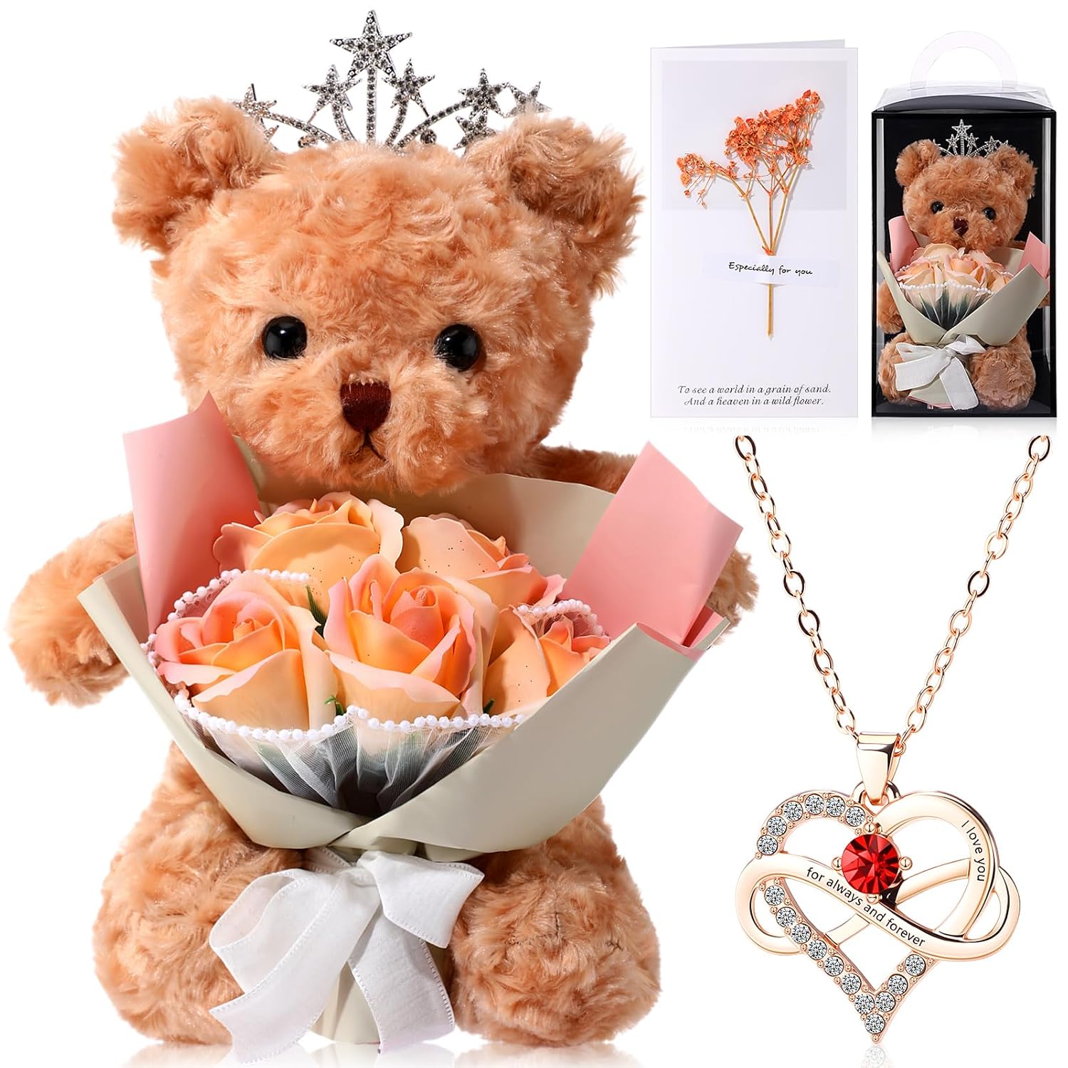 Orange Valentine'S Day Bear Flower Bouquet Rose For Women Artificial Rose Bouquet Gift Box With Plush Bear Greeting Card Love Gift For Girlfriend Mother Wife Anniversary Birthday