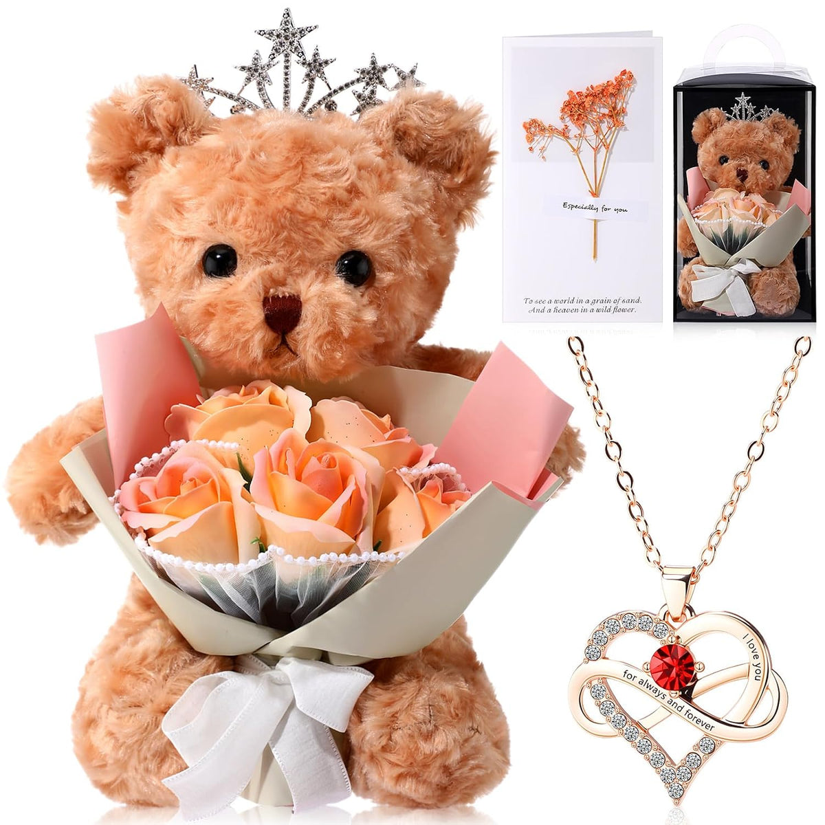 Orange Valentine'S Day Bear Flower Bouquet Rose For Women Artificial Rose Bouquet Gift Box With Plush Bear Greeting Card Love Gift For Girlfriend Mother Wife Anniversary Birthday