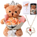 Orange Valentine'S Day Bear Flower Bouquet Rose For Women Artificial Rose Bouquet Gift Box With Plush Bear Greeting Card Love Gift For Girlfriend Mother Wife Anniversary Birthday