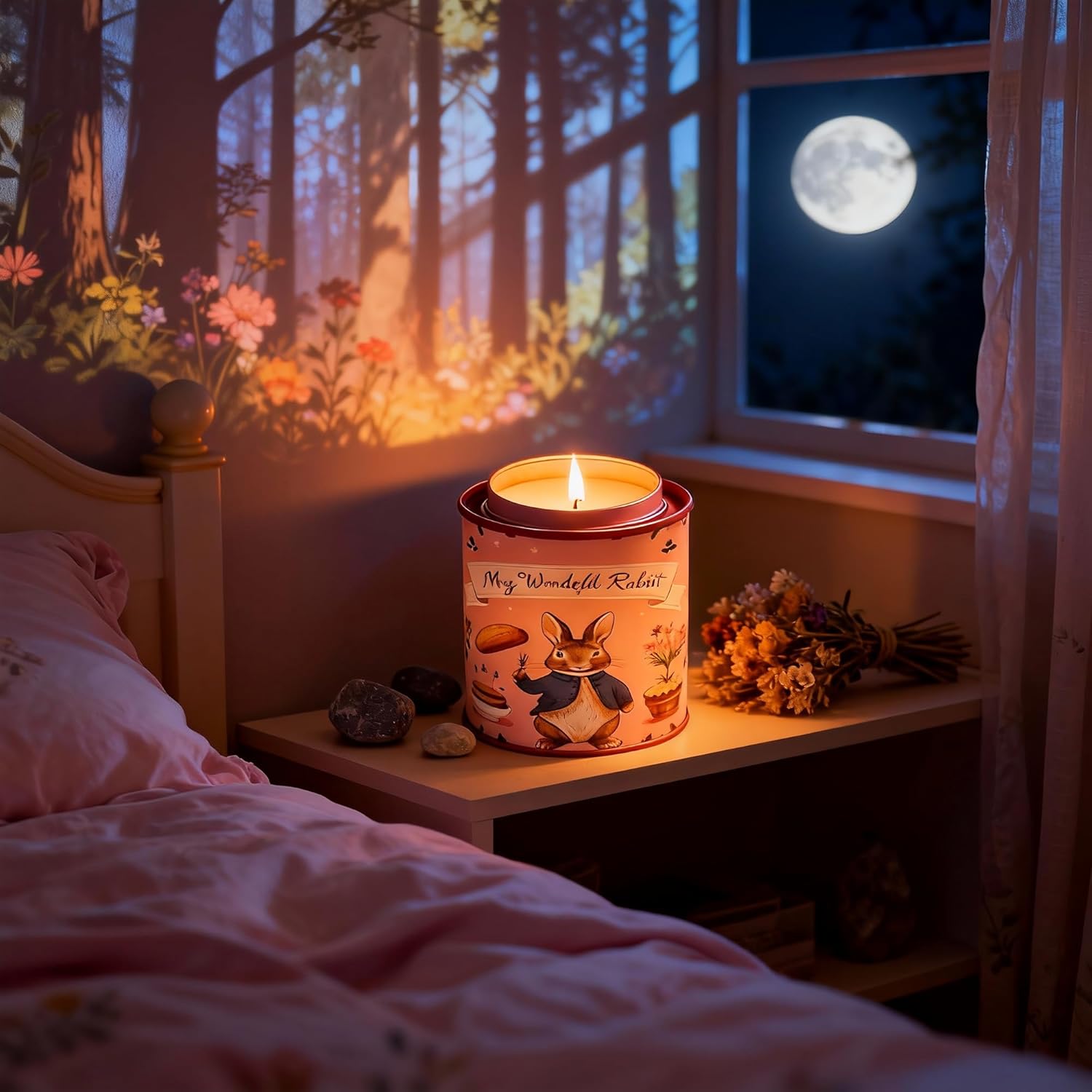 Bunny Forest Scented Tin Candle,Natural Floral Smokeless Soy Wax Candle In Pink,35H Long Burn Time,Easter Candles For Spring Table Decorations,Woodland Aesthetic Decor For Home,Gifts & Cozy Vibes