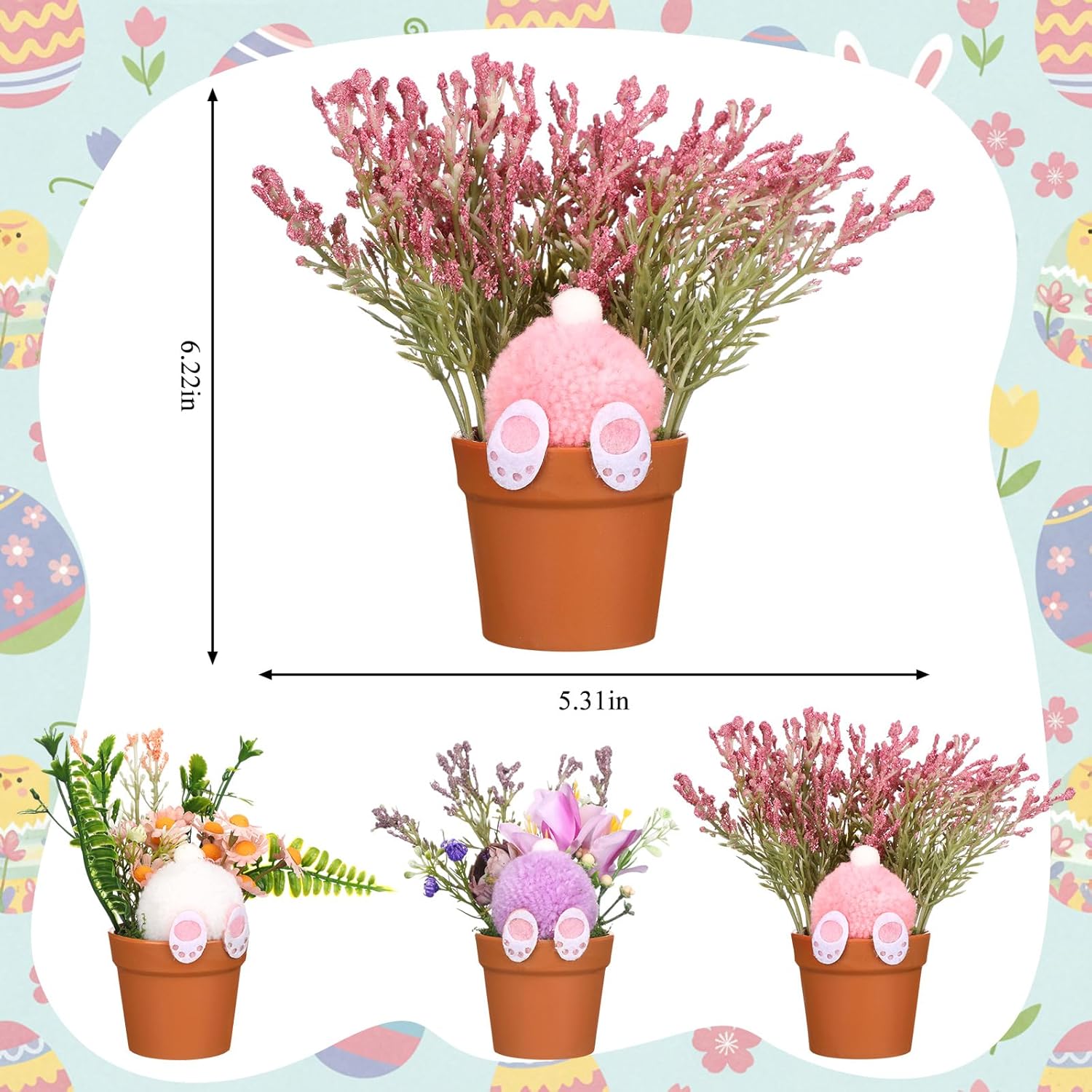 3 Pcs Easter Flower Pot Decor Easter Table Centerpiece Indoor Decorations With Plush Bunny Tail Spring Artificial Flowers Tabletop Decorations For Egg Hunt Party Decor