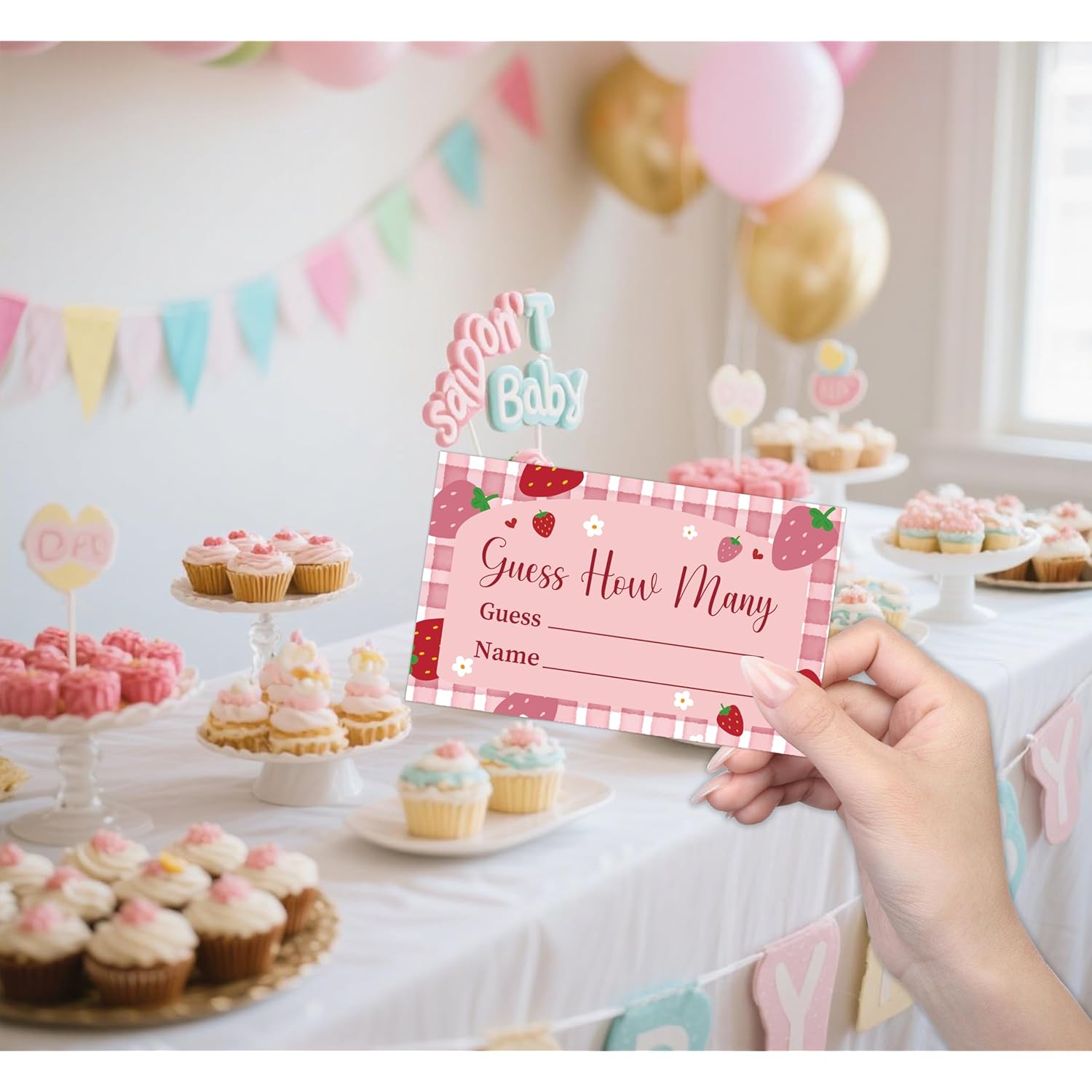 Baby Shower Games - Strawberry Guess How Many Candies Are In The Jar Game, 1 Arch Acrylic Sign And 50 Guessing Cards, Gender Reveal Game, Berry Baby Shower Decoration Supplies (Zf04)