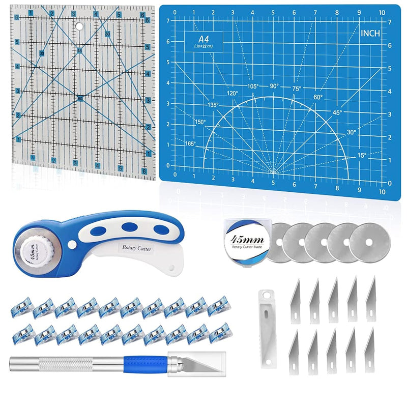 39 Pcs Rotary Cutter Set Blue - Quilting Kit Incl. 45Mm Fabric Cutter With 5 E