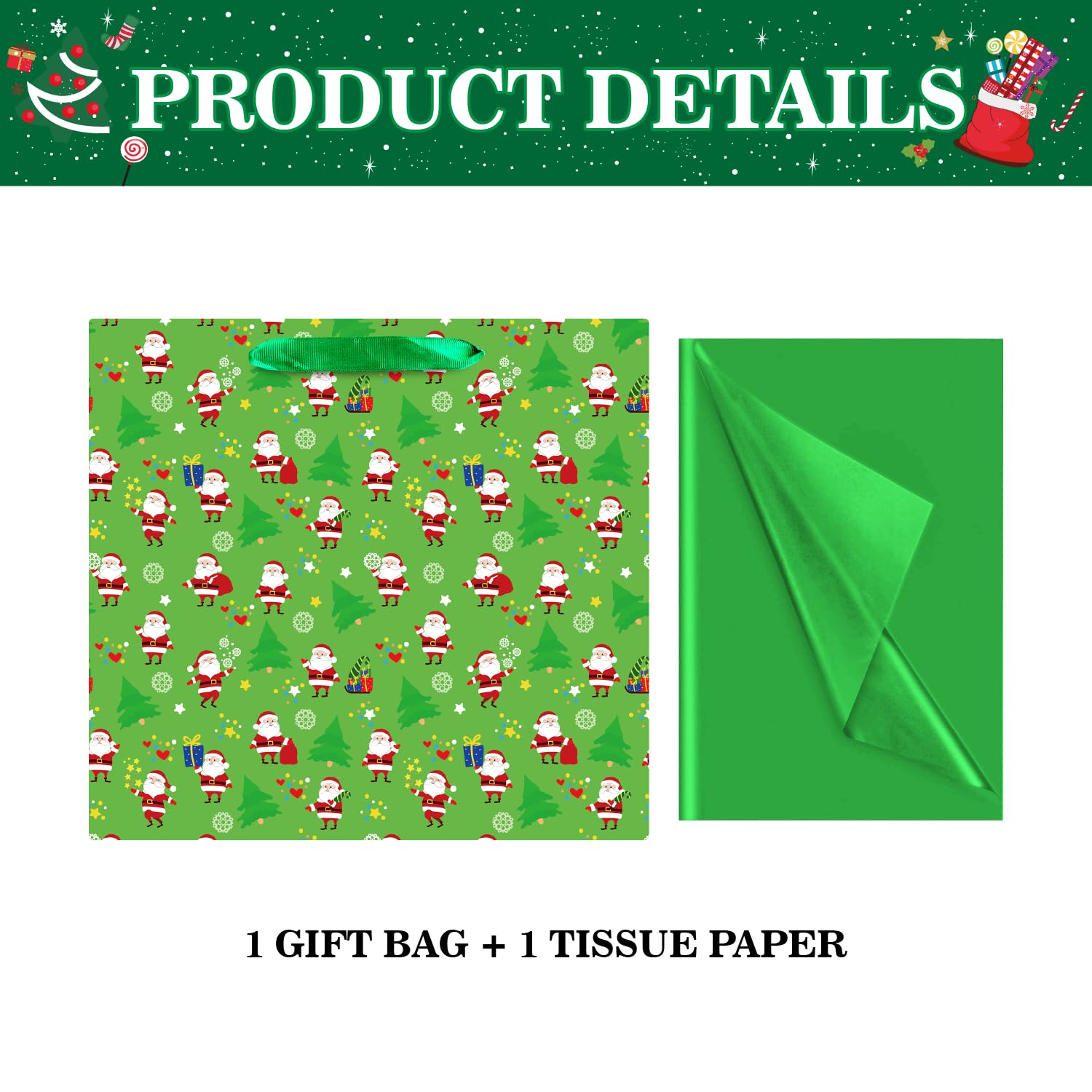 Extra Large Christmas Gift Bag With Tissue Paper, 11.8" Square Green Christmas Santa Claus Design Paper Bags With Handles For Xmas Holiday Presents Wrapping.