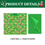 Extra Large Christmas Gift Bag With Tissue Paper, 11.8" Square Green Christmas Santa Claus Design Paper Bags With Handles For Xmas Holiday Presents Wrapping.