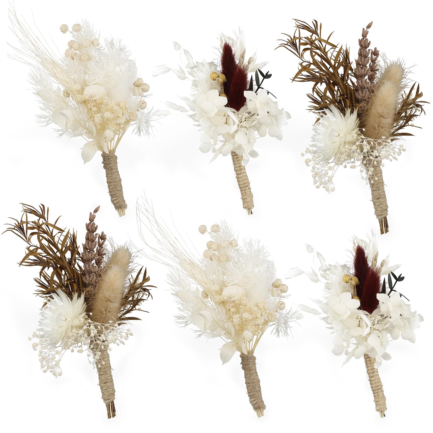 6Pcs Boutonnieres Assorted Dried Flower Boutonniere For Men Boho Wedding Boutineers Fall Groom Boutonnieres With Pins For Prom Homecoming Wedding