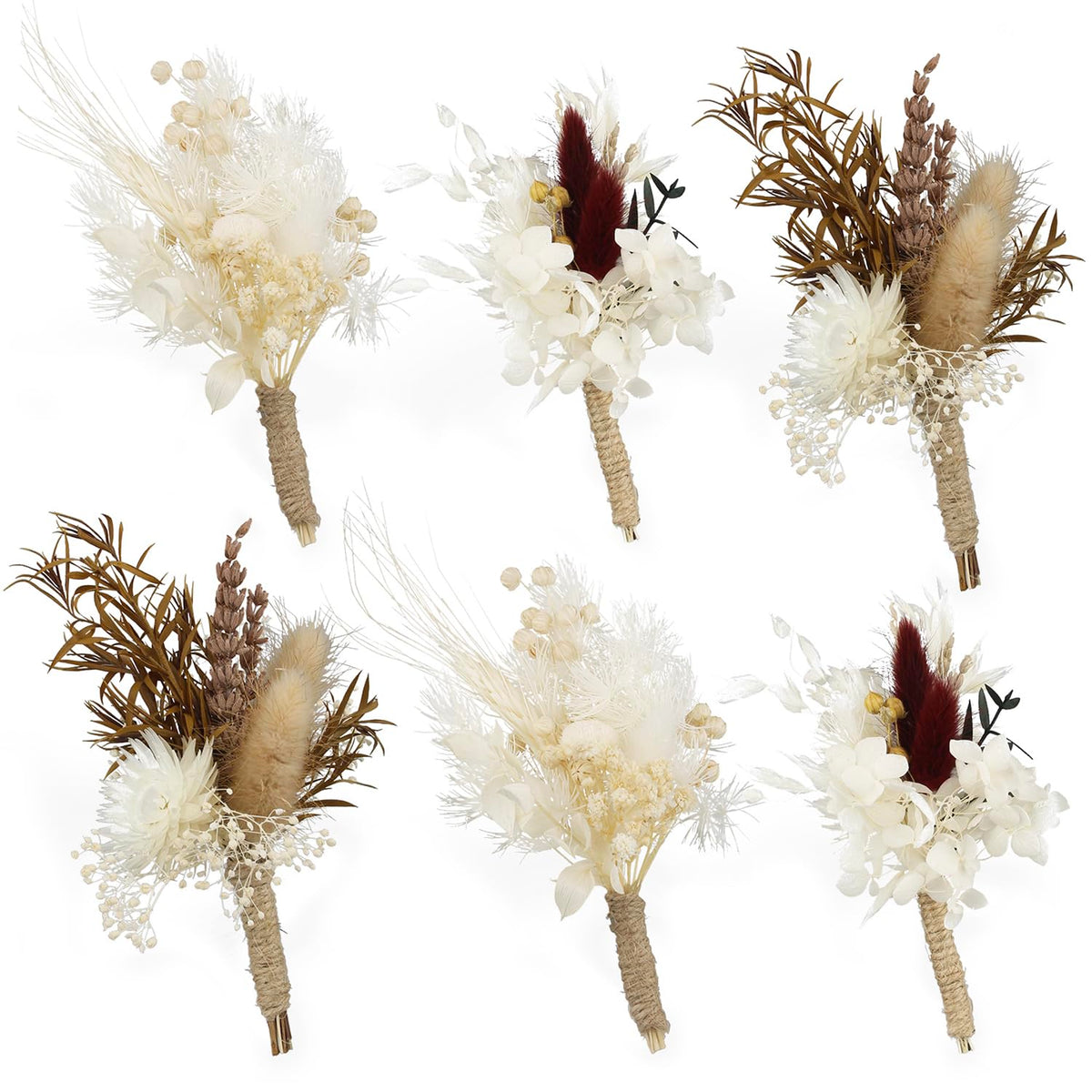 6Pcs Boutonnieres Assorted Dried Flower Boutonniere For Men Boho Wedding Boutineers Fall Groom Boutonnieres With Pins For Prom Homecoming Wedding