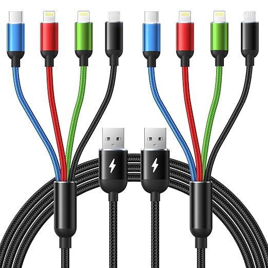 2 Pack 6FT 4 in 1 Multi Charging Cable USB C Lightning Micro USB Braided Cord