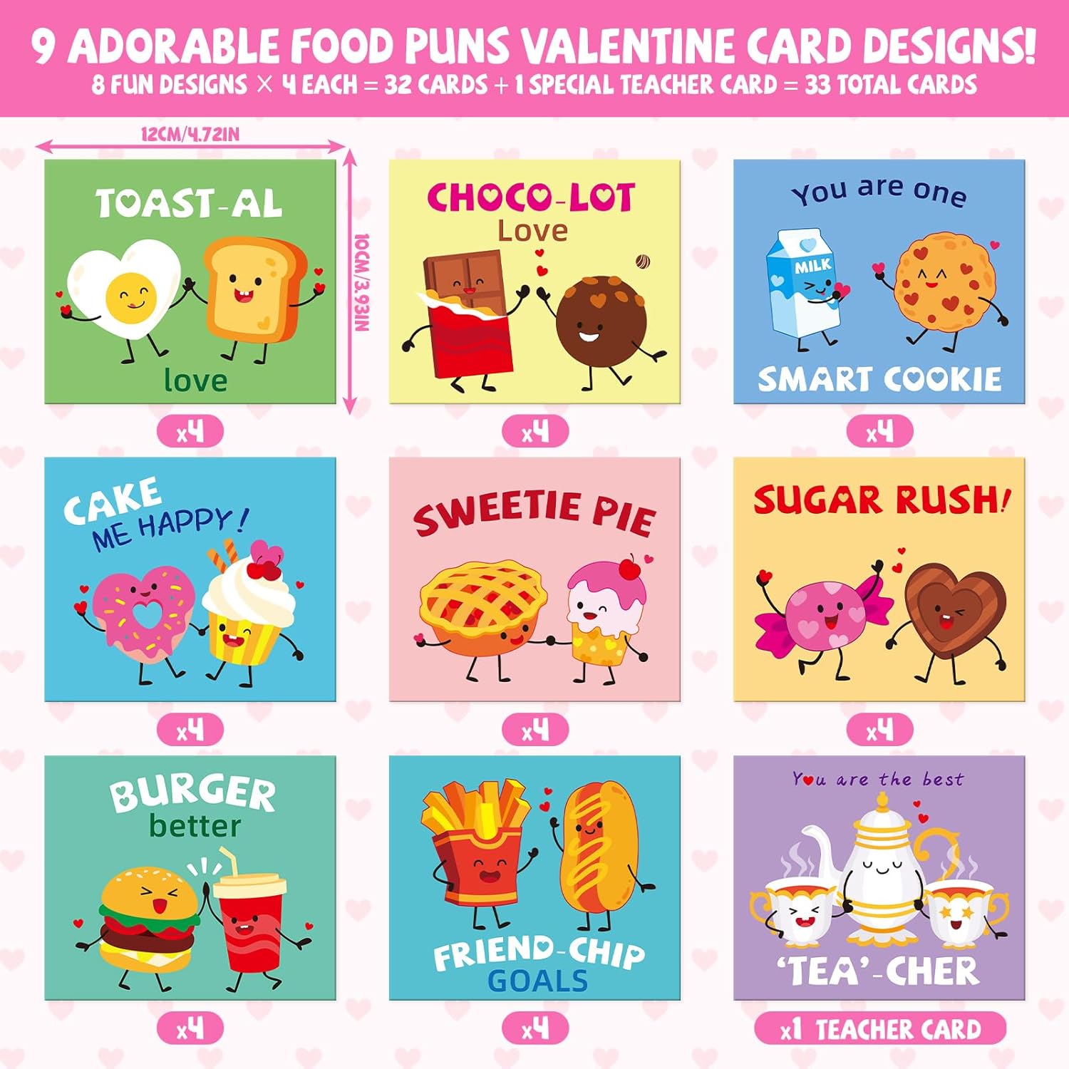 Funny Food Pun Valentines Cards For Kids - 33 Sets With Valentine Cards,Temporary Tattoos & Envelopes (Includes 1 Teacher Set),Valentines Day Cards For Kids School Classroom Exchange