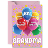 Grandma 101St Birthday Card - Worlds Most Amazing - Happy Birthday Card For 101 Year Old Grandma From Grandson Granddaughter, A5 Balloons And Stars Bday Greeting Cards