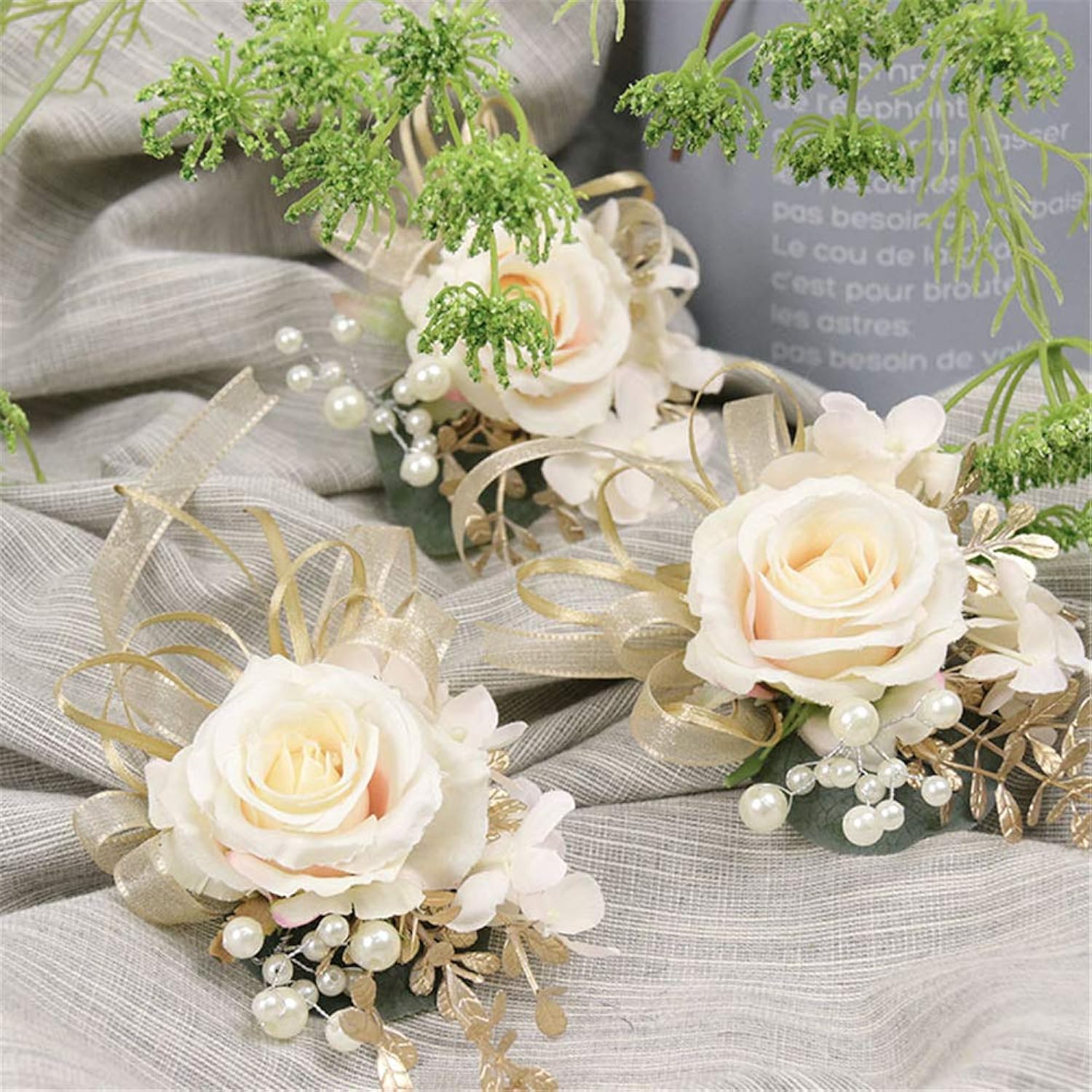 2Pc Pack-Handmade Artificial Flower Rose With Gold Leaves Ribbons Artificial Pearls Wrist Corsage Hand Flower With Elastic Wristband For Girl Bridesmaid Wedding Party Prom (Wrist Corsage)