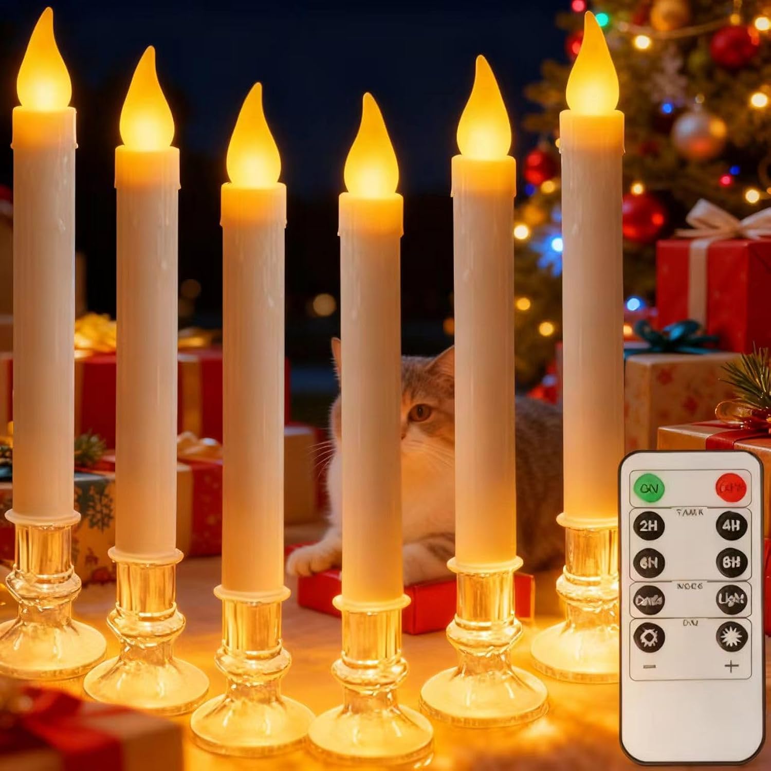 Christmas Window Candles - 9.3In Flameless Taper Candles With Suction Cups Flickering Timer For Halloween Christmas Wedding Home Decor Candlesticks Fireplace (6Pcs-Silvery)