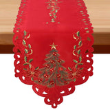 Red Christmas Table Runner - Small 54 Inches Long, Embroidered Tree & Poinsettia Cutwork Lace Linen Tablerunner For Dining Room, Kitchen, Mantel Or Coffee Table, Holiday Xmas Decor