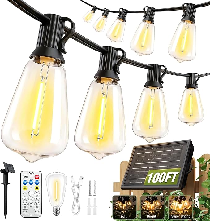 100FT Solar ST38 String Lights Waterproof Remote Timer USB & Solar Powered Patio Lights