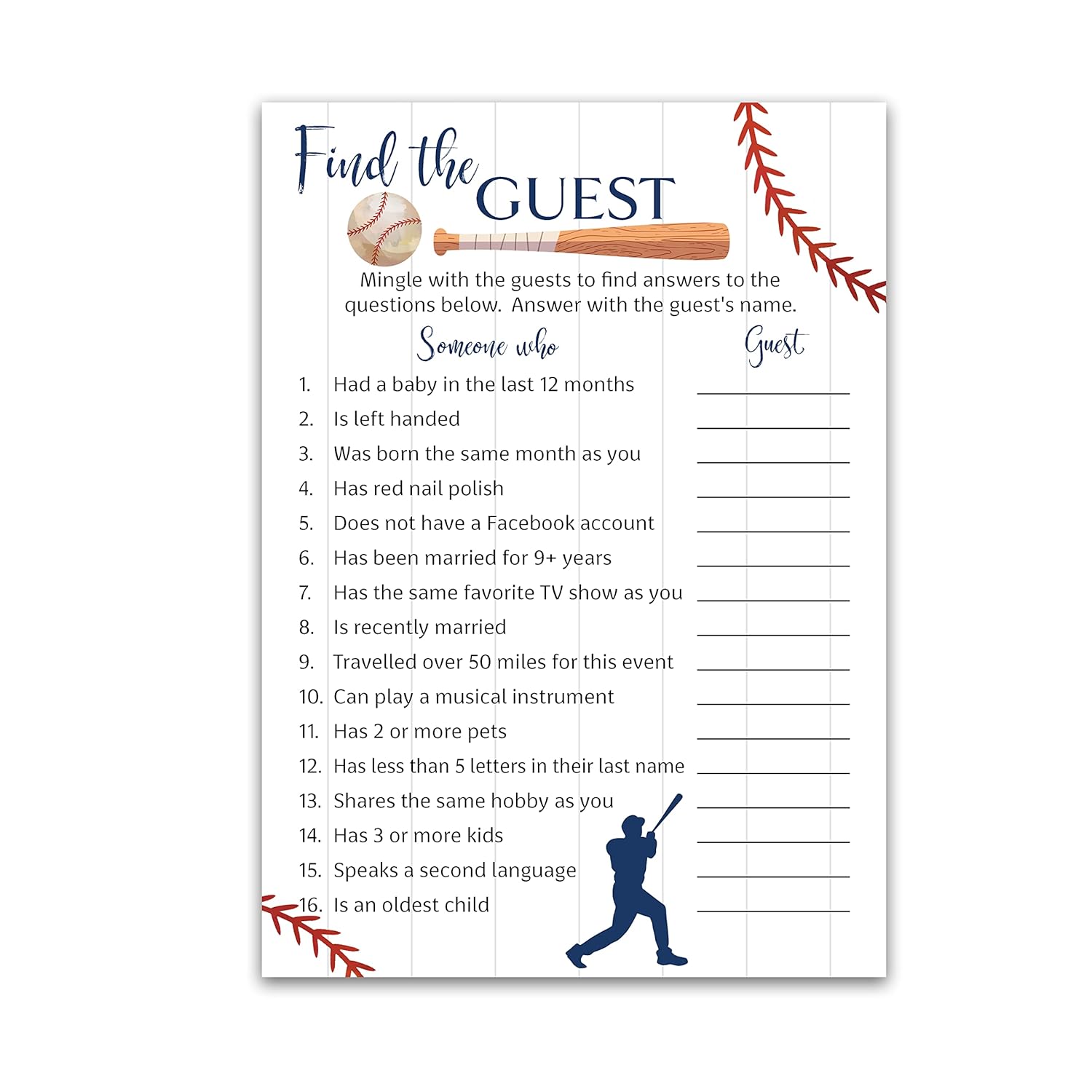 Baseball Baby Shower Games— Find The Guest Game — Pack Of 25 — Rustic Sports Blue Boy Baby Shower Activity, Icebreaker Party Game, Guess Who Came To The Party, Little Slugger Couples Shower G900-Ftg